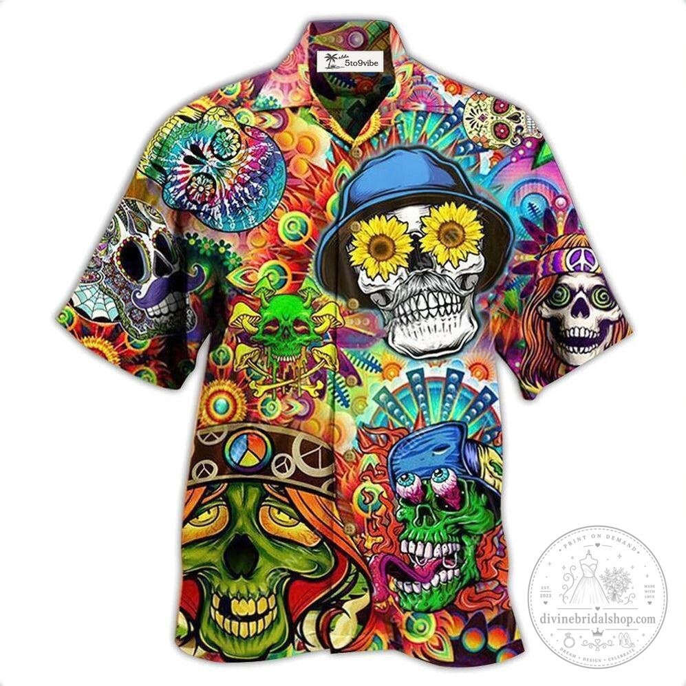 Colorful Hippie Skull Psychedelic Floral Pattern Hawaiian Shirt