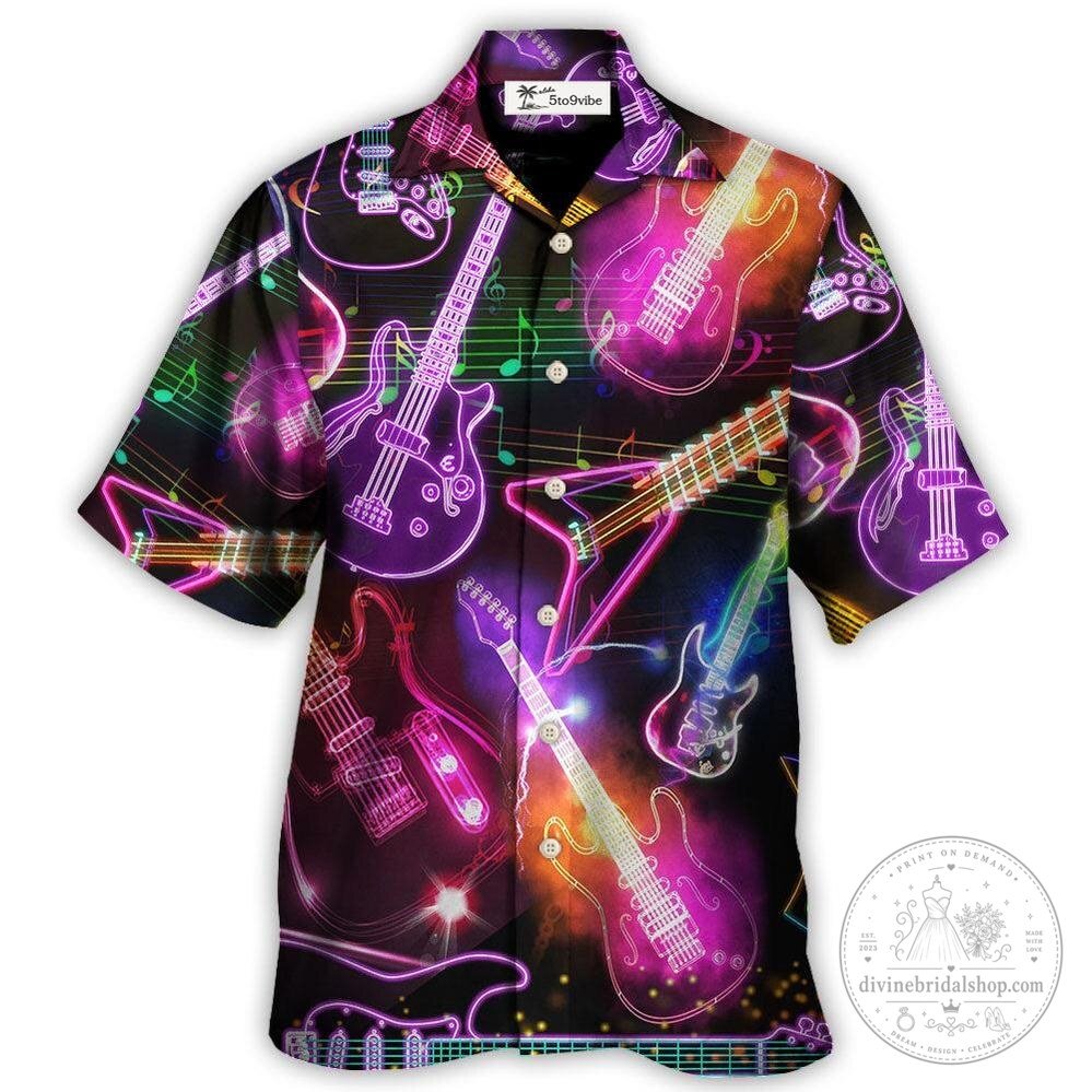 Neon Electric Guitar Musical Notes Hawaiian Shirt