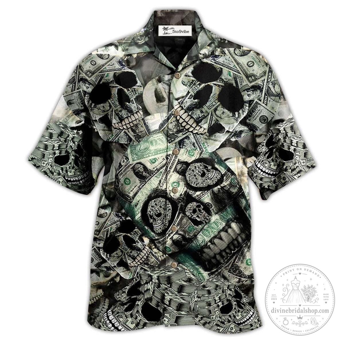 Skull Money Print Hawaiian Shirt for Men and Women, Dollar Bill Skull Design