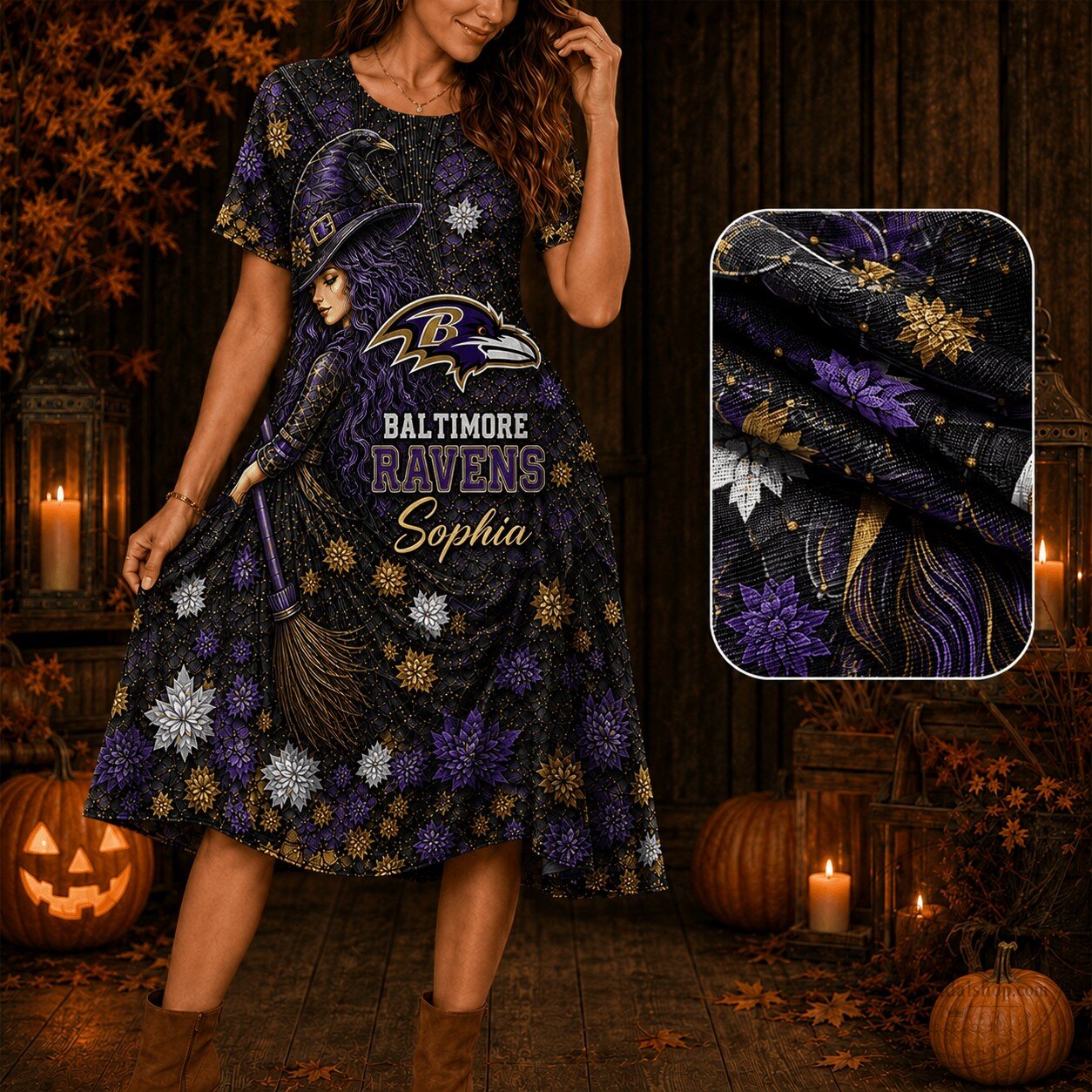 Custom Name Floral Short Sleeve Dress for Halloween featuring Baltimore Ravens Witch Design