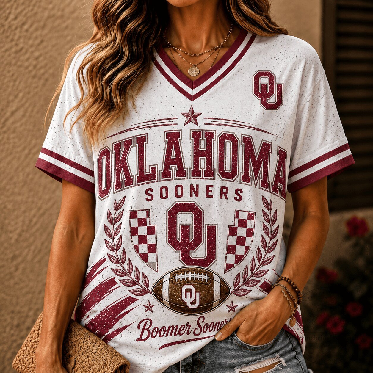 Women's V-Neck T-Shirt featuring Oklahoma Sooners Football Legacy Design