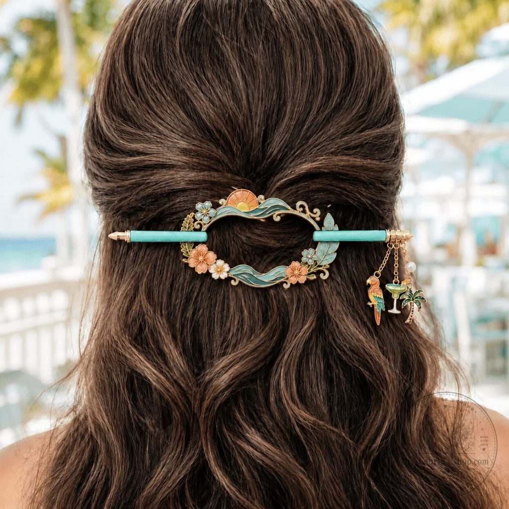 Tropical Sunset Parrot Cocktail Hair Clip with Palm Tree Charms Tropical Sunset Parrot Cocktail Hair Clip with Palm Tree Charms