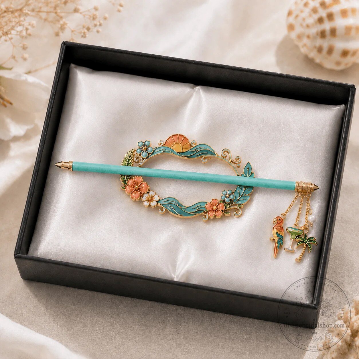Tropical Sunset Parrot Cocktail Hair Clip with Palm Tree Charms 3 Tropical Sunset Parrot Cocktail Hair Clip with Palm Tree Charms
