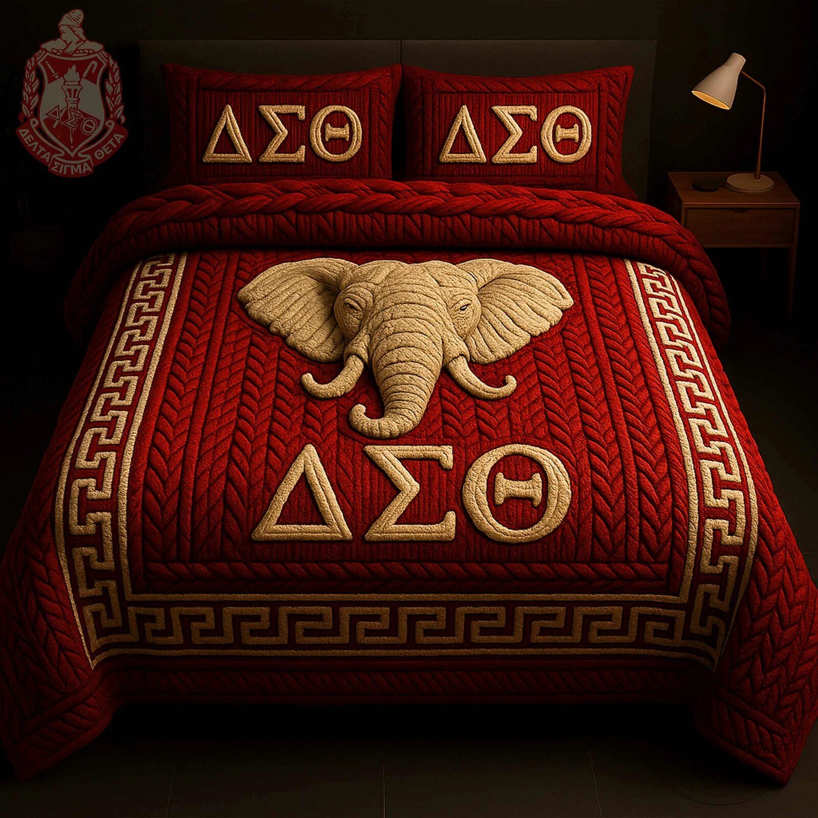 Delta Sigma Theta Sorority Elephant Red Gold Greek Key Pattern Bedding Set