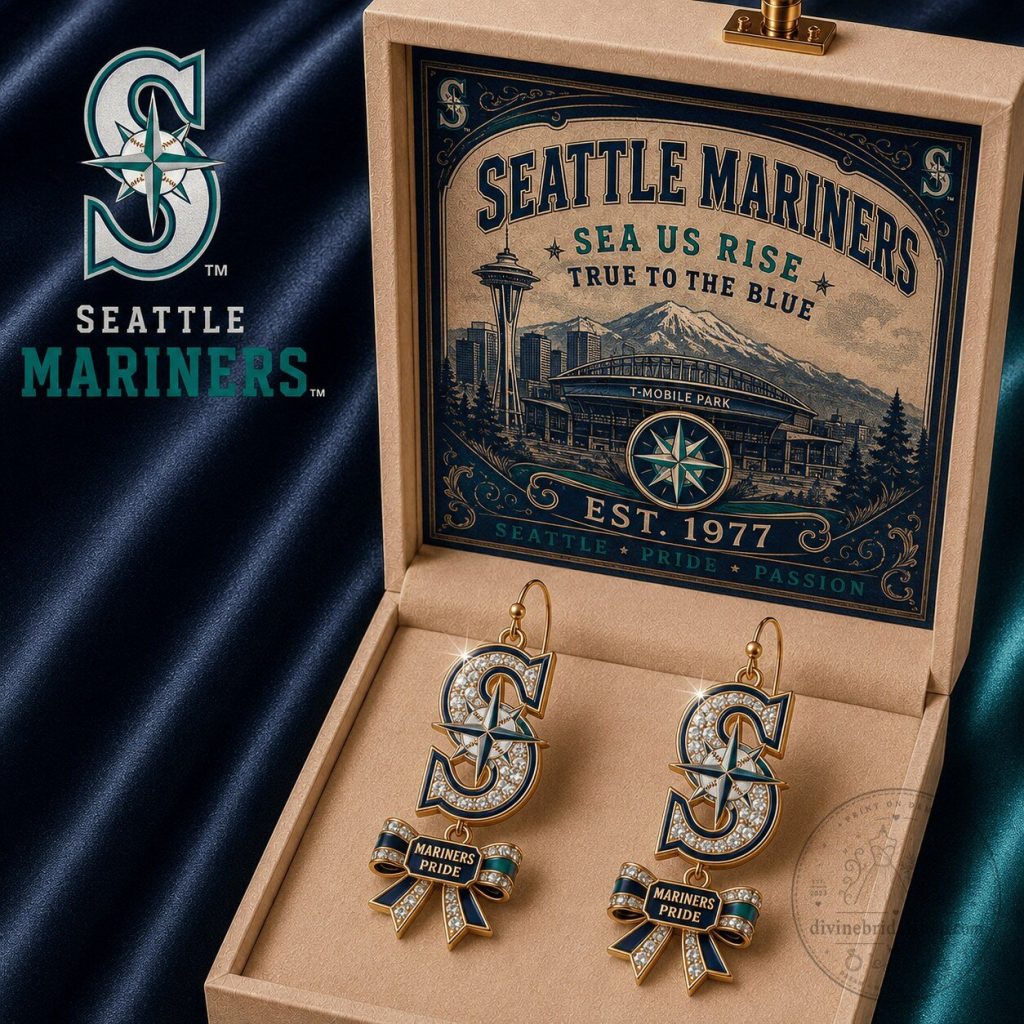 Seattle Mariners Dangle Earrings with Mariners Pride Bows Seattle Mariners Dangle Earrings with Mariners Pride Bows