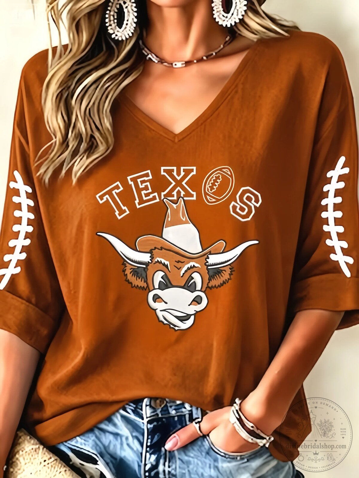 Texas Longhorns Football Mascot V-Neck T-Shirt for Women