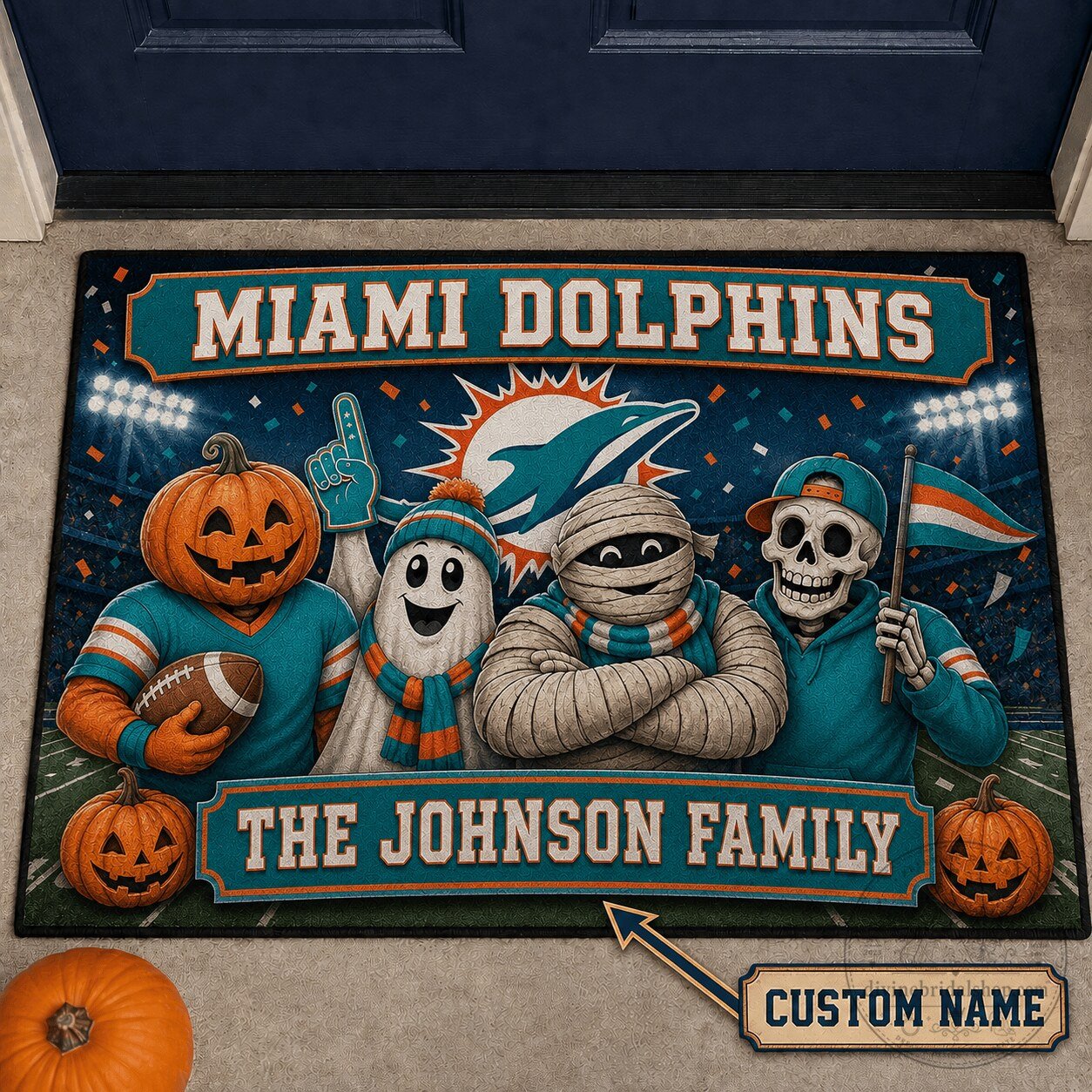 Miami Dolphins Halloween Family Custom Name Doormat