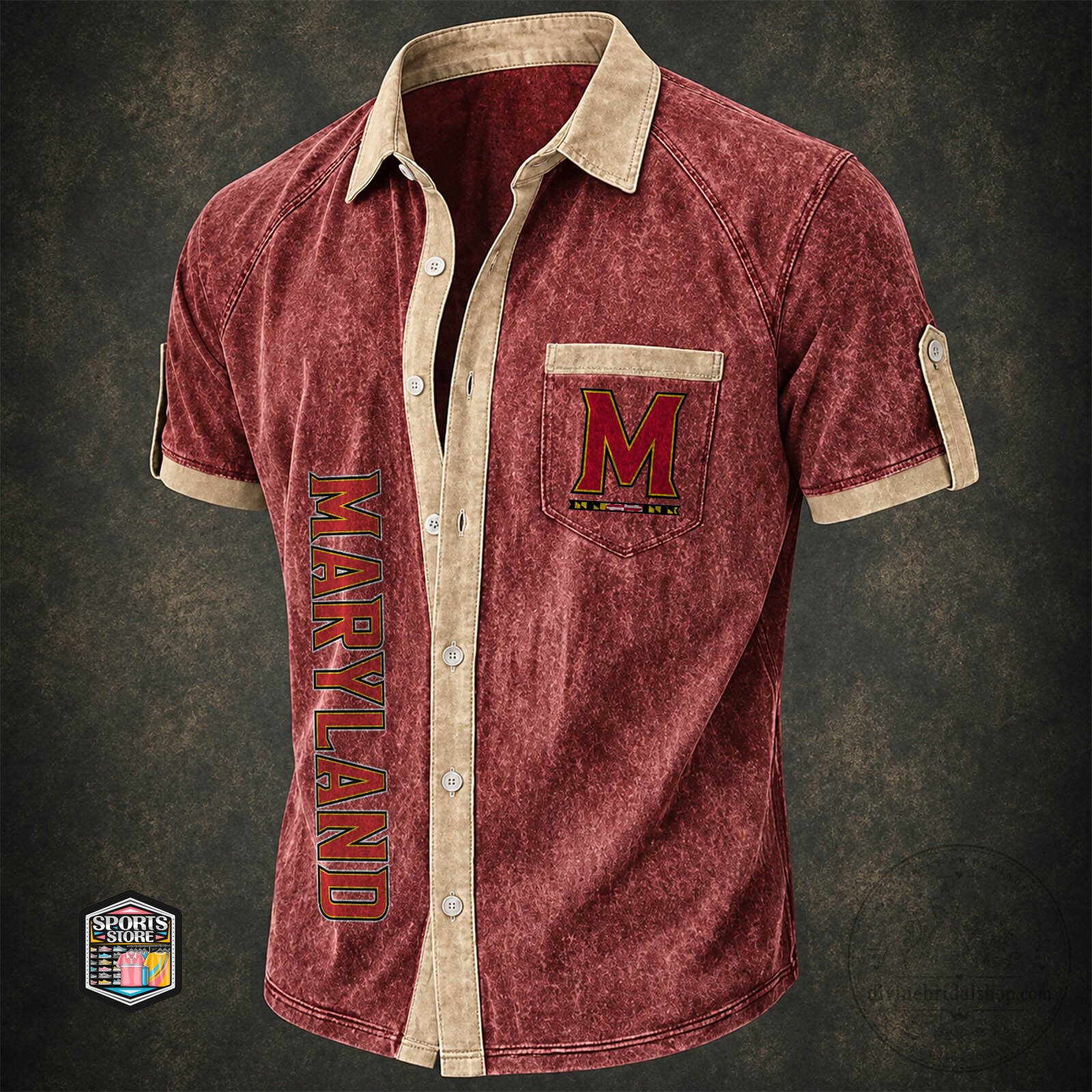 Maryland Terrapins Distressed Style Button Down Hawaiian Shirt