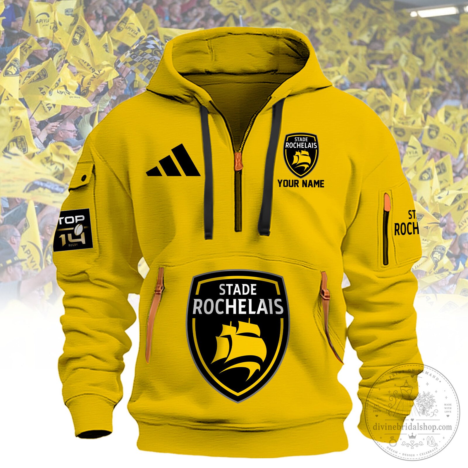 Stade Rochelais Rugby Team Fan Gear Yellow Pullover Hoodie