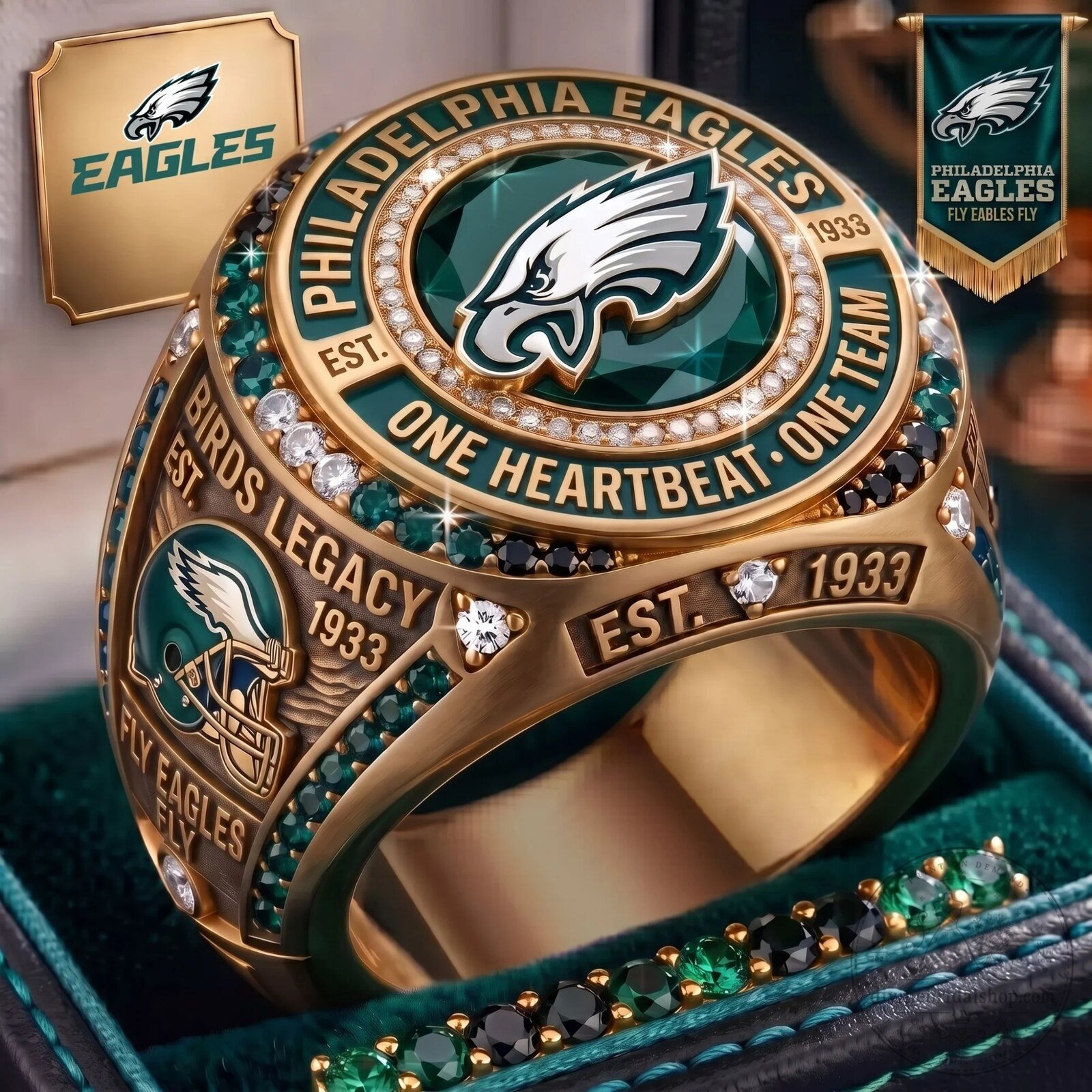 Philadelphia Eagles Super Bowl Championship Ring with Emerald Gemstones