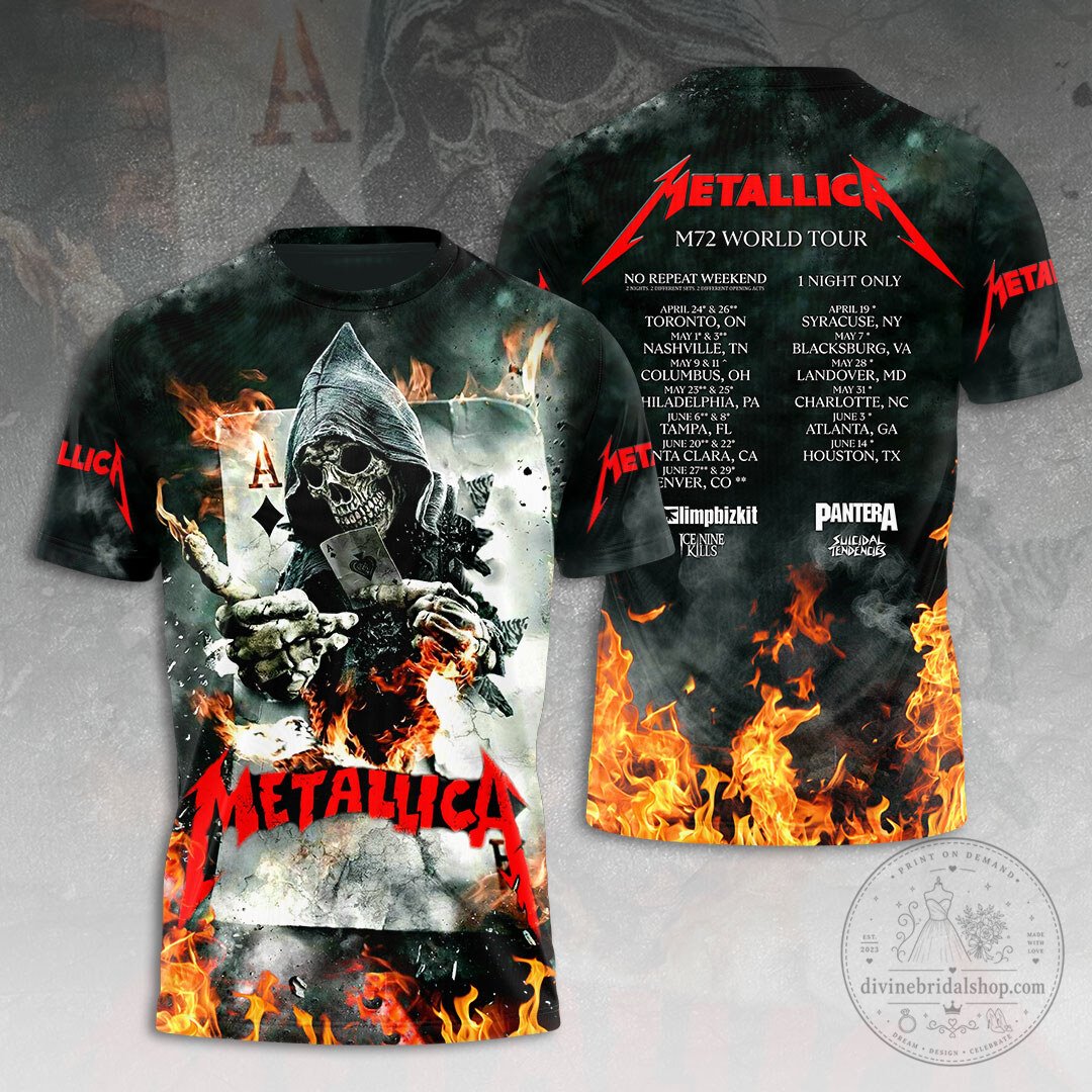 Metallica M72 World Tour Skull Playing Cards Fire All Over Print T-Shirt