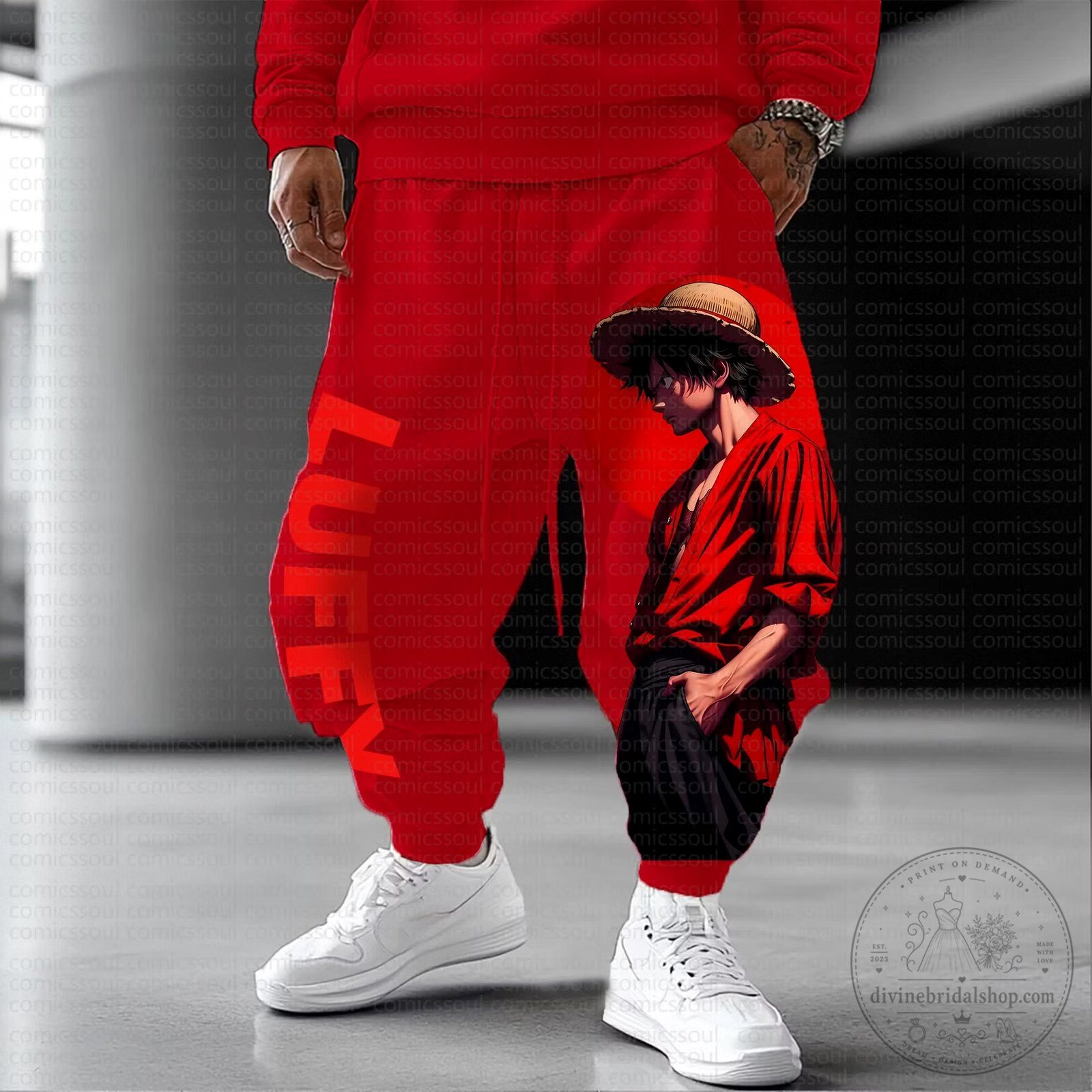 One Piece Monkey D. Luffy Red Anime Graphic Streetwear Jogger Pants