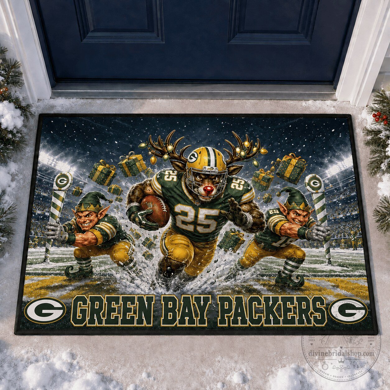 Green Bay Packers Christmas Reindeer Football Holiday Doormat