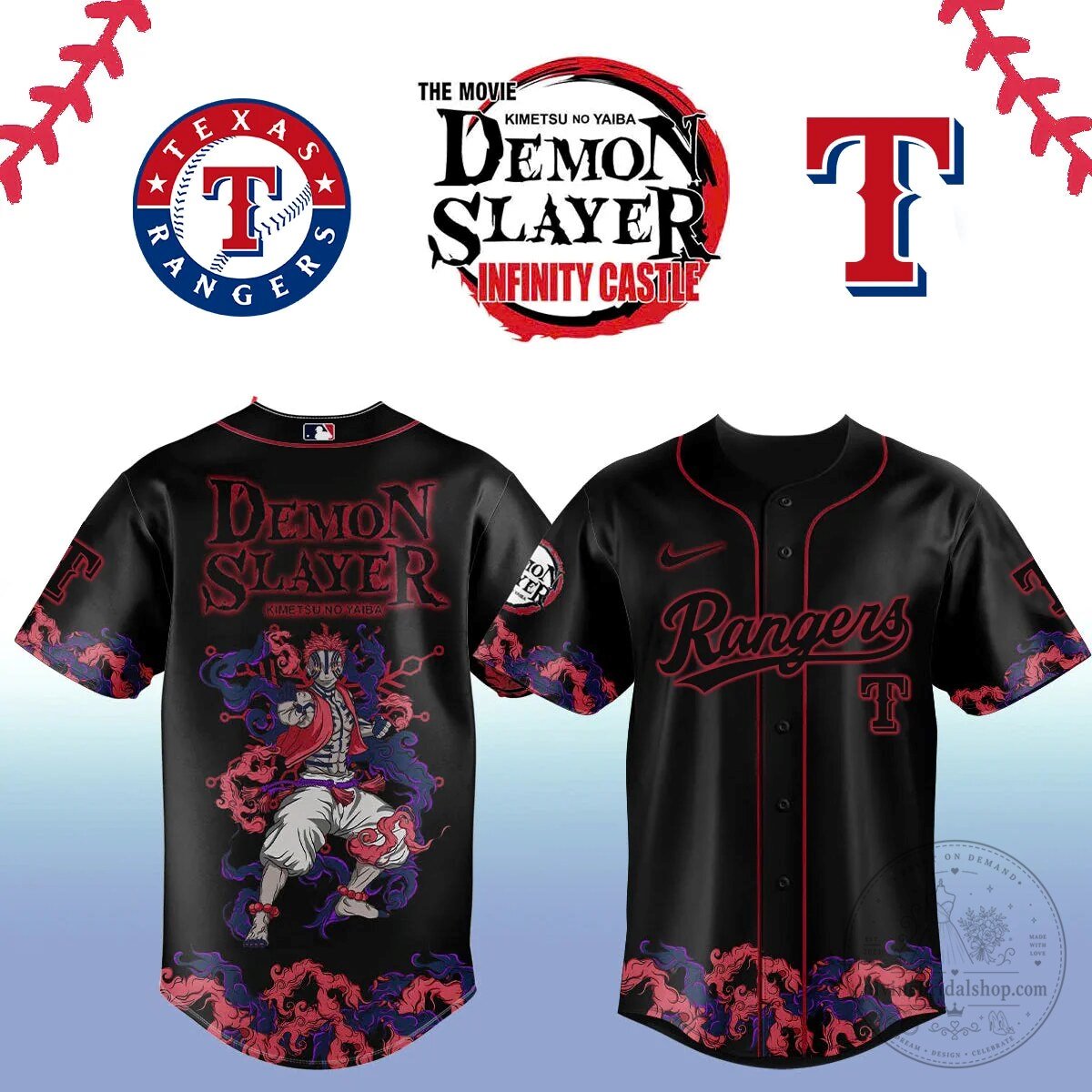 Texas Rangers Demon Slayer Baseball Jersey Kimetsu No Yaiba Anime Fan Gift