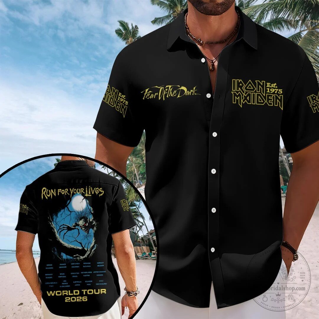 Iron Maiden Fear Of The Dark World Tour 2026 Short Sleeve Button Down Hawaiian Shirt