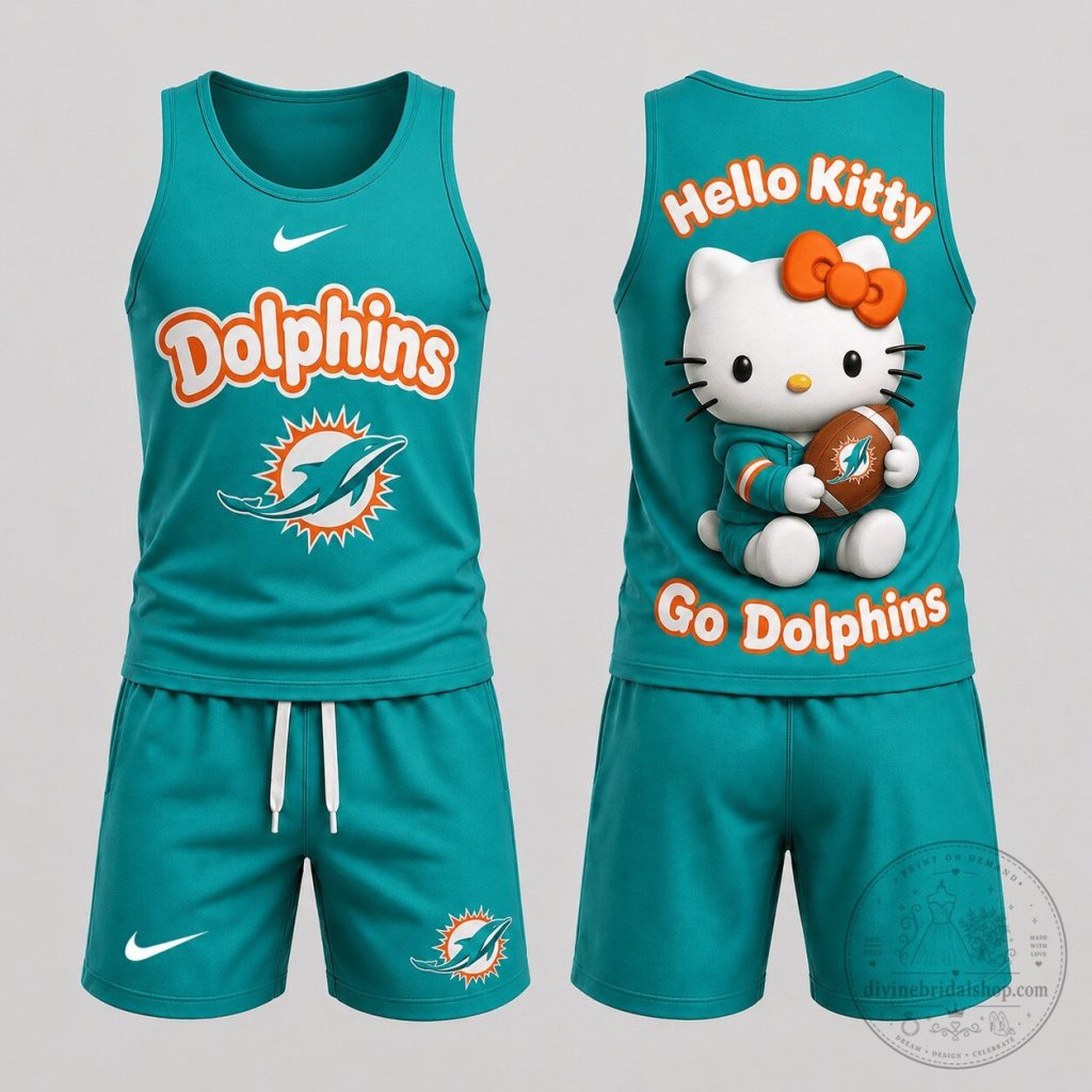 Miami Dolphins Hello Kitty Football Sports Fan Tank Top and Shorts Set Miami Dolphins Hello Kitty Football Sports Fan Tank Top and Shorts Set