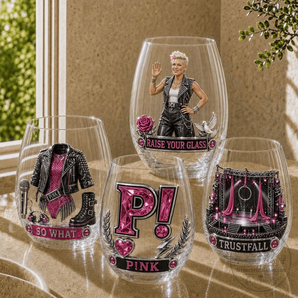 Pink Alecia Beth Moore Raise Your Glass Stemless Wine Glass Set