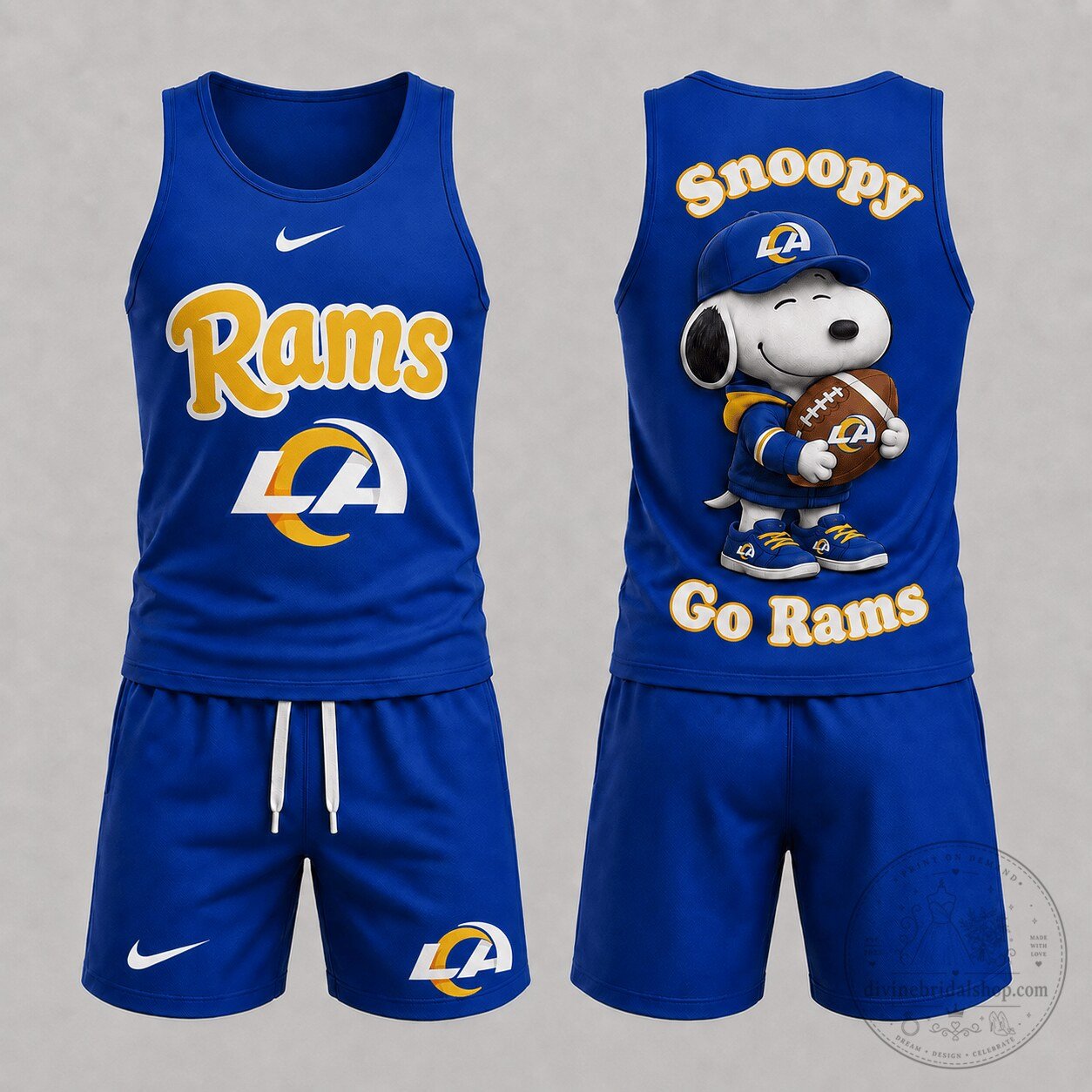 Los Angeles Rams Snoopy Football Game Day Blue Tank Top and Shorts Set