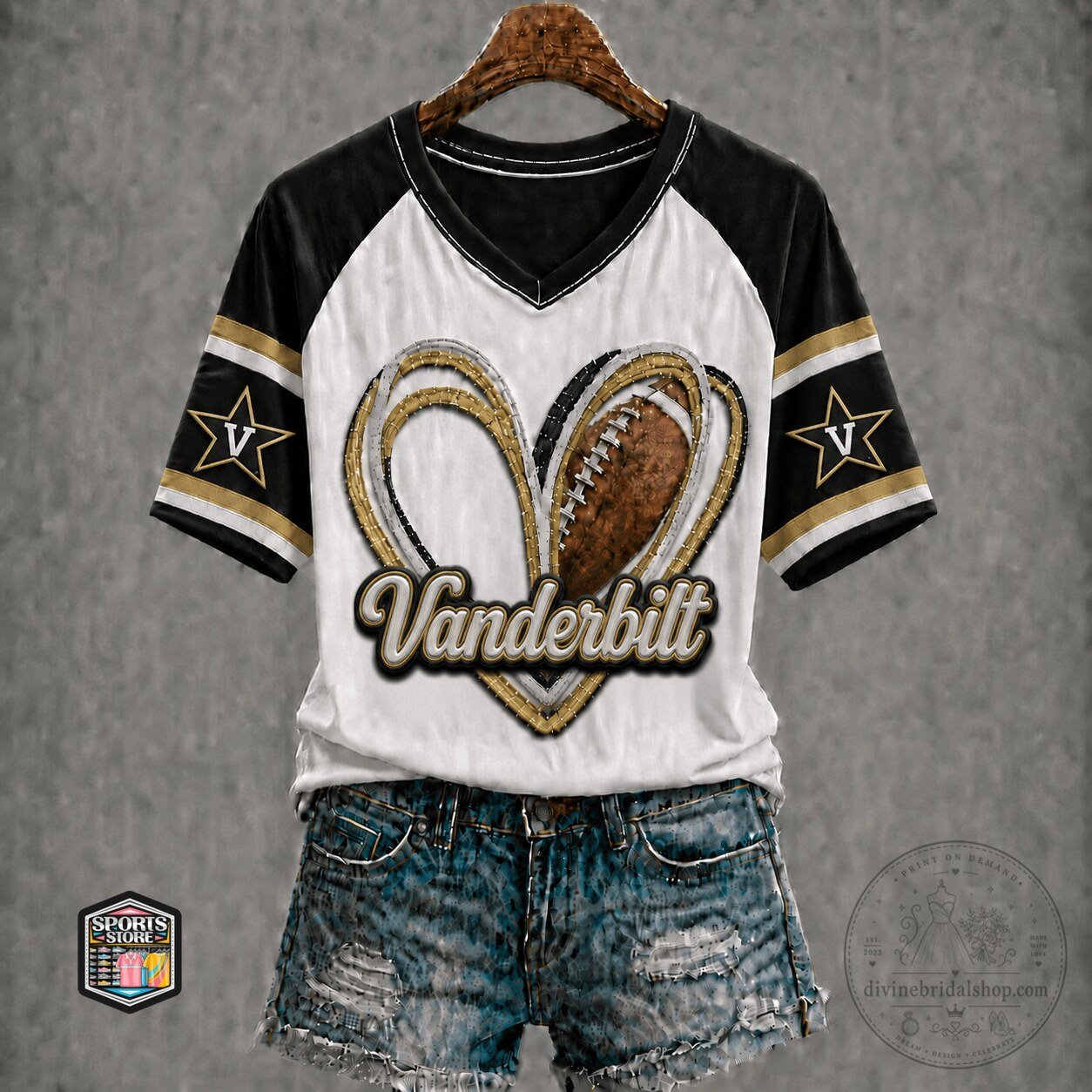 Vanderbilt Commodores Football Heart Design Black and Gold V-Neck T-Shirt