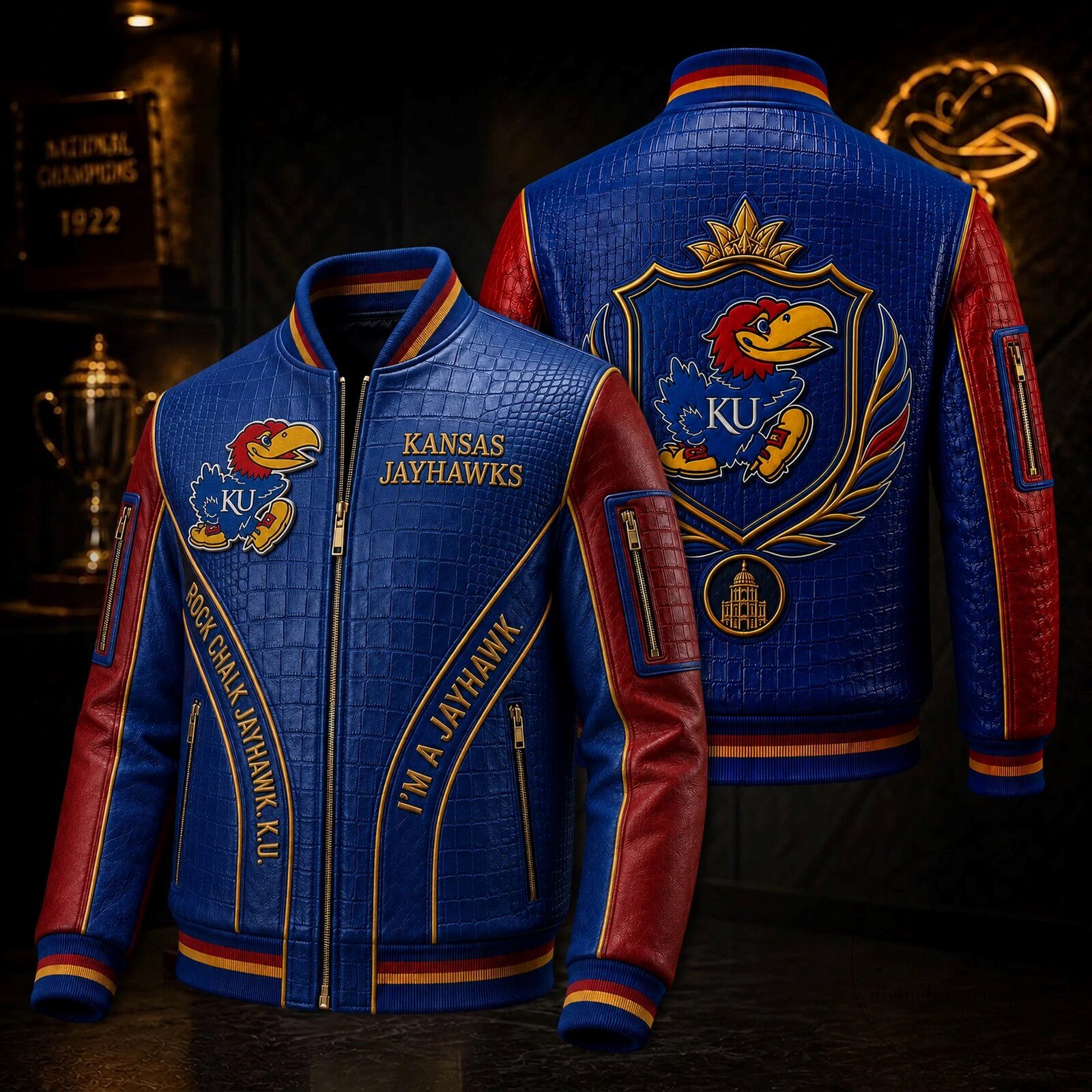 Faux Leather Bomber Jacket featuring Kansas Jayhawks Rock Chalk Jayhawk Design