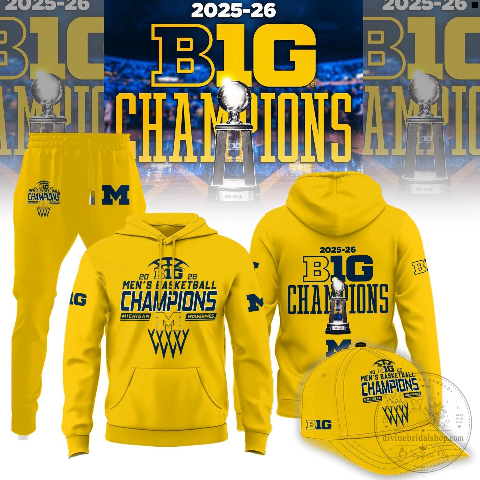 Michigan Wolverines Men's Basketball 2026 Big Ten Champions Yellow Hoodie