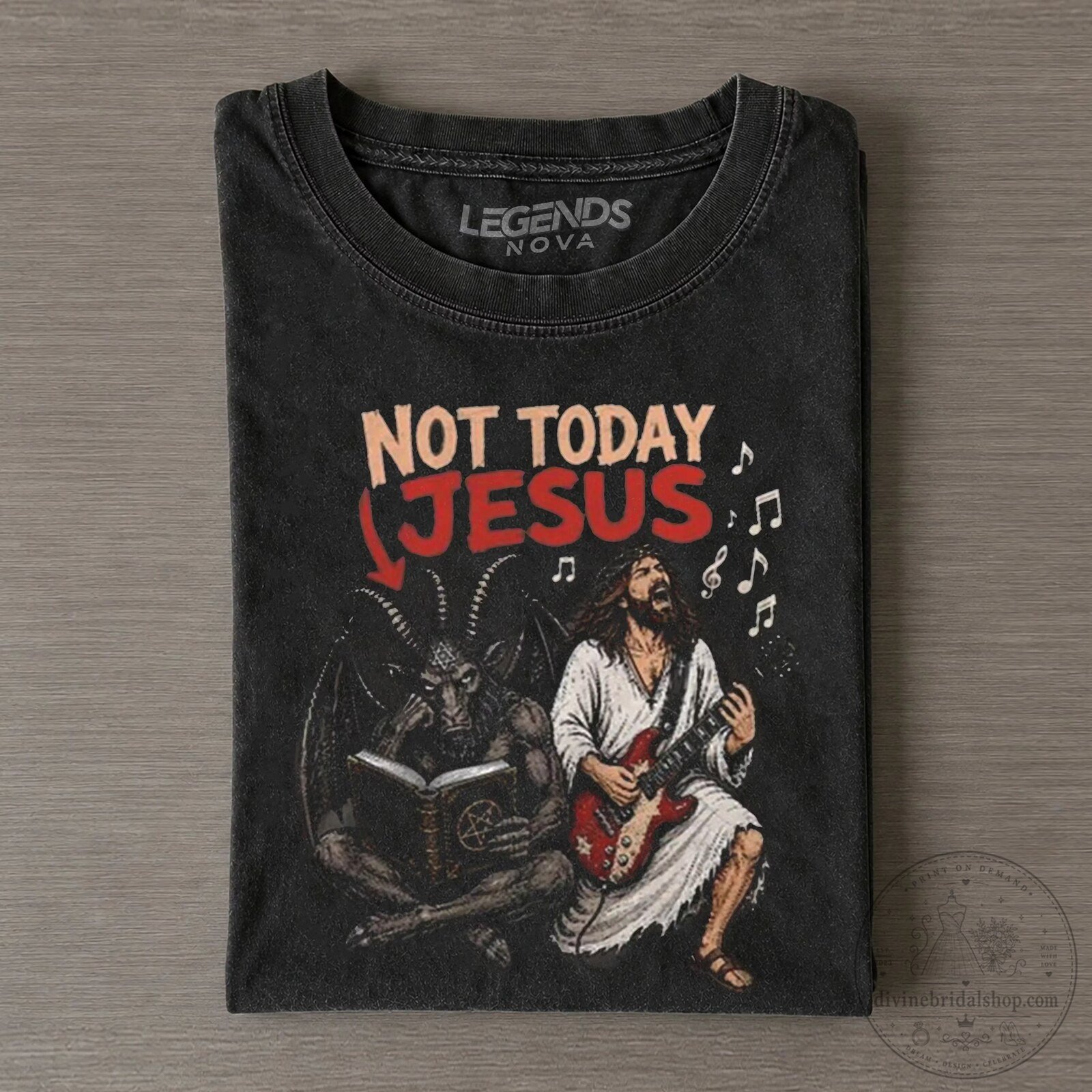 Funny Not Today Jesus Playing Guitar Satan Reading Book T-Shirt
