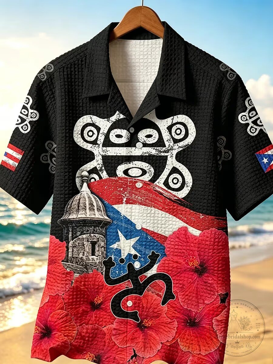 Puerto Rico Flag Coqui Garita Hibiscus Black Hawaiian Shirt