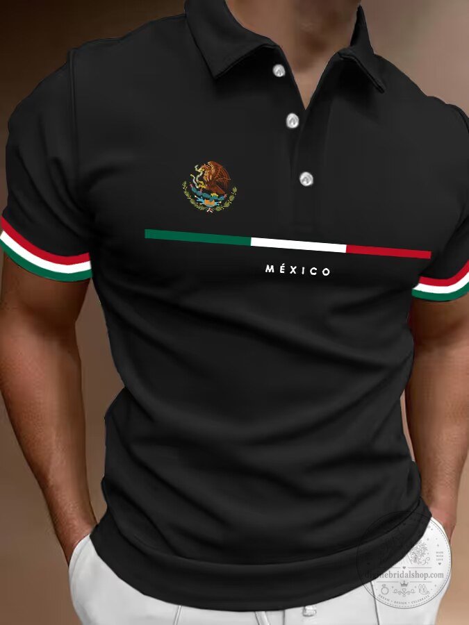 Mexican Flag Eagle Emblem White Short Sleeve Polo Shirt for Men 3 Mexican Flag Eagle Emblem White Short Sleeve Polo Shirt for Men