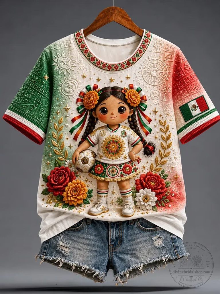 Mexican Flag Soccer Girl Floral Print Women's T-Shirt