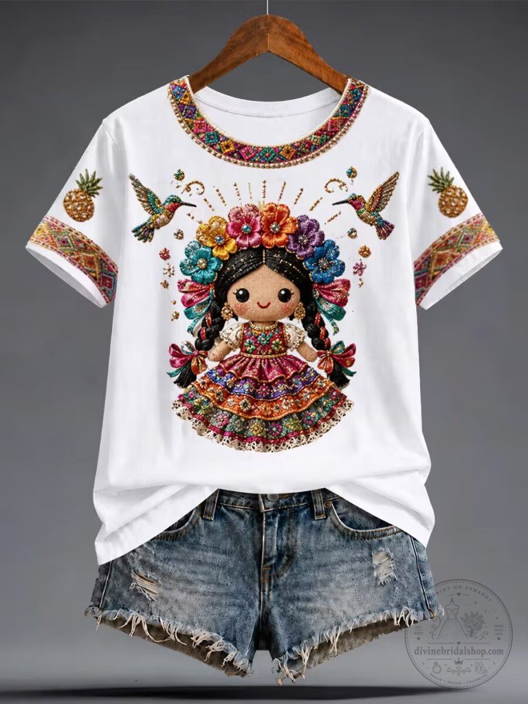 Mexican Lele Doll Folk Art Embroidered Style Hummingbird T-Shirt