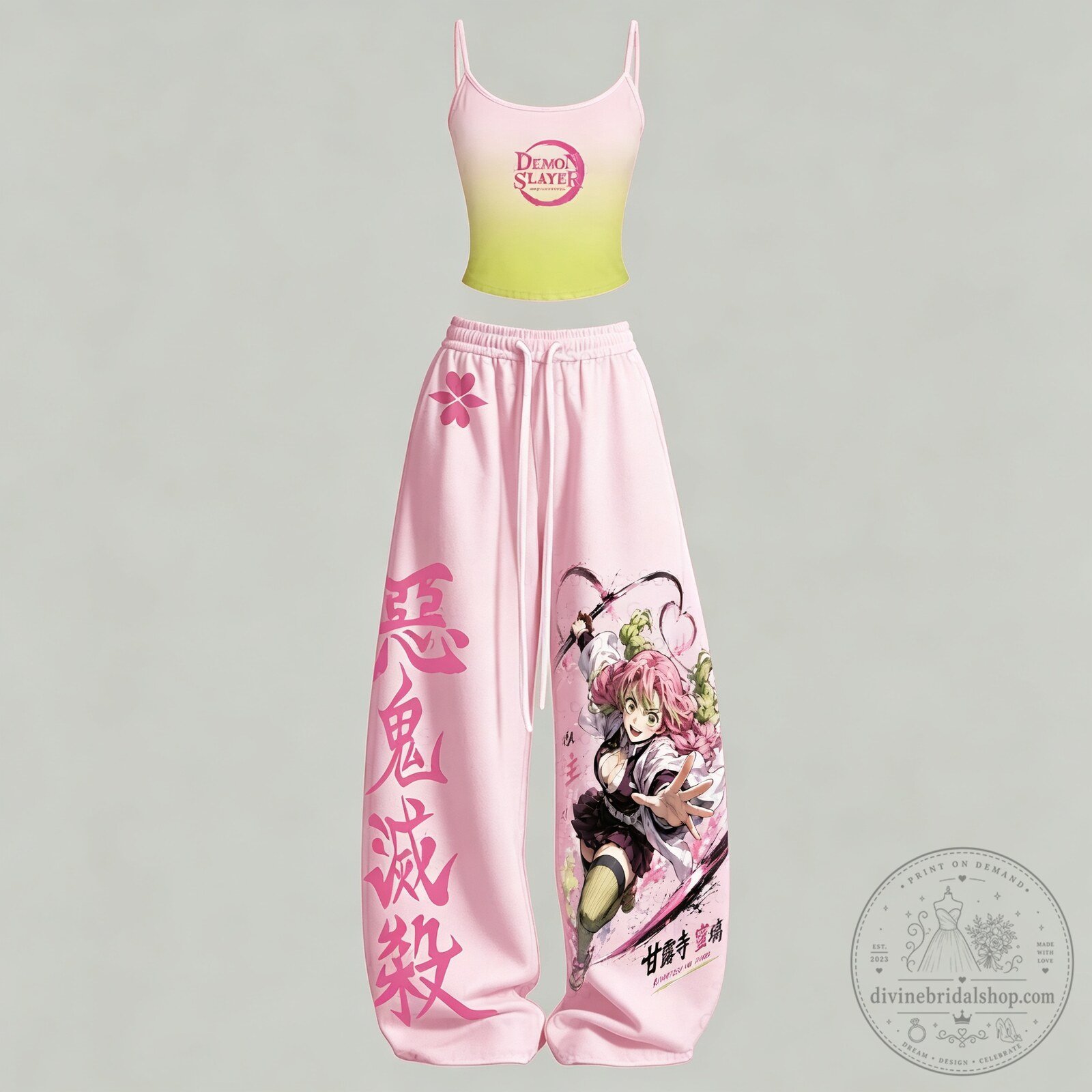 Demon Slayer Mitsuri Kanroji Anime Pink Loose Fit Pants and Tank Top Set