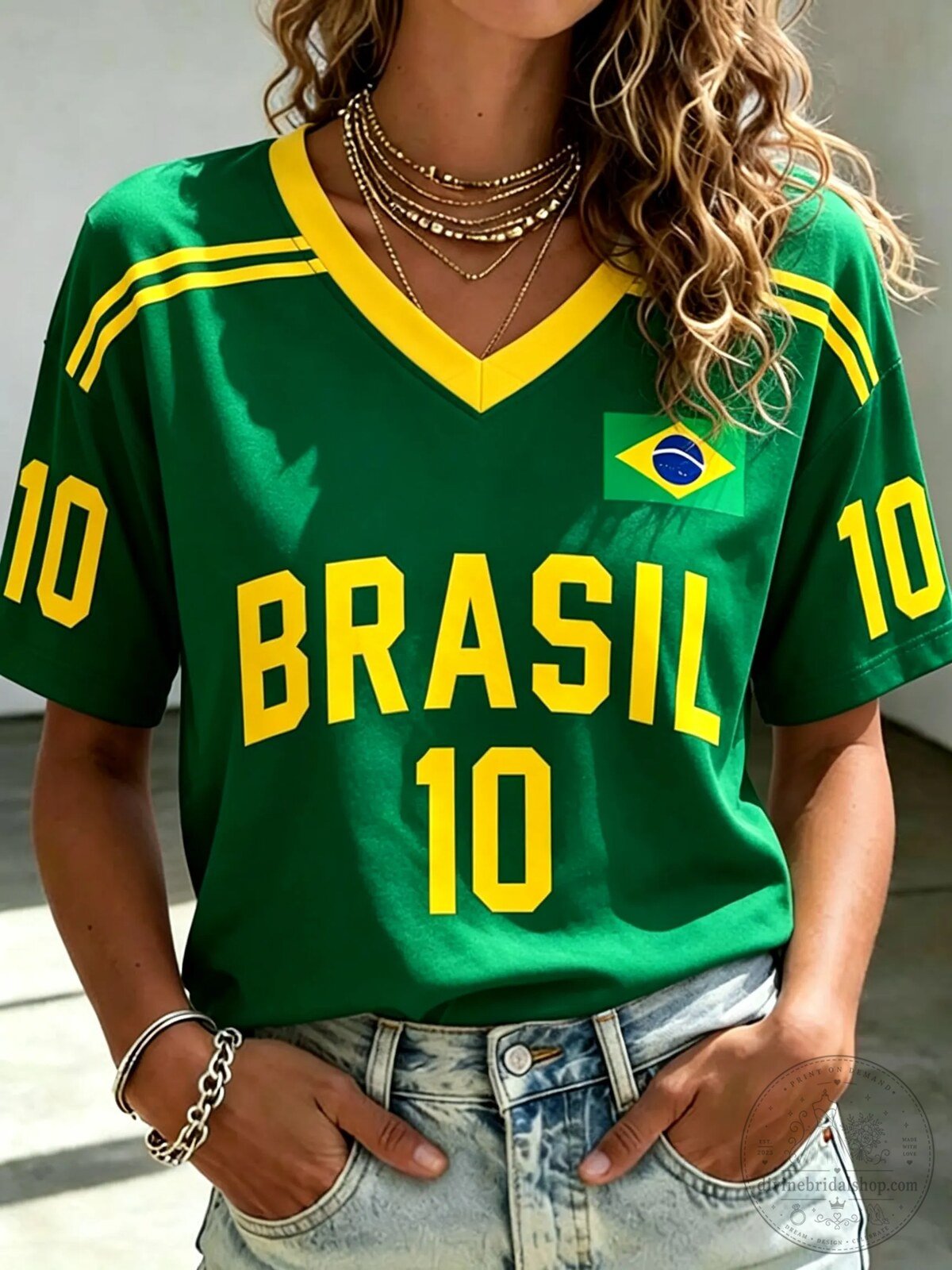Brazil National Football Team Brasil Number 10 Green and Yellow Jersey