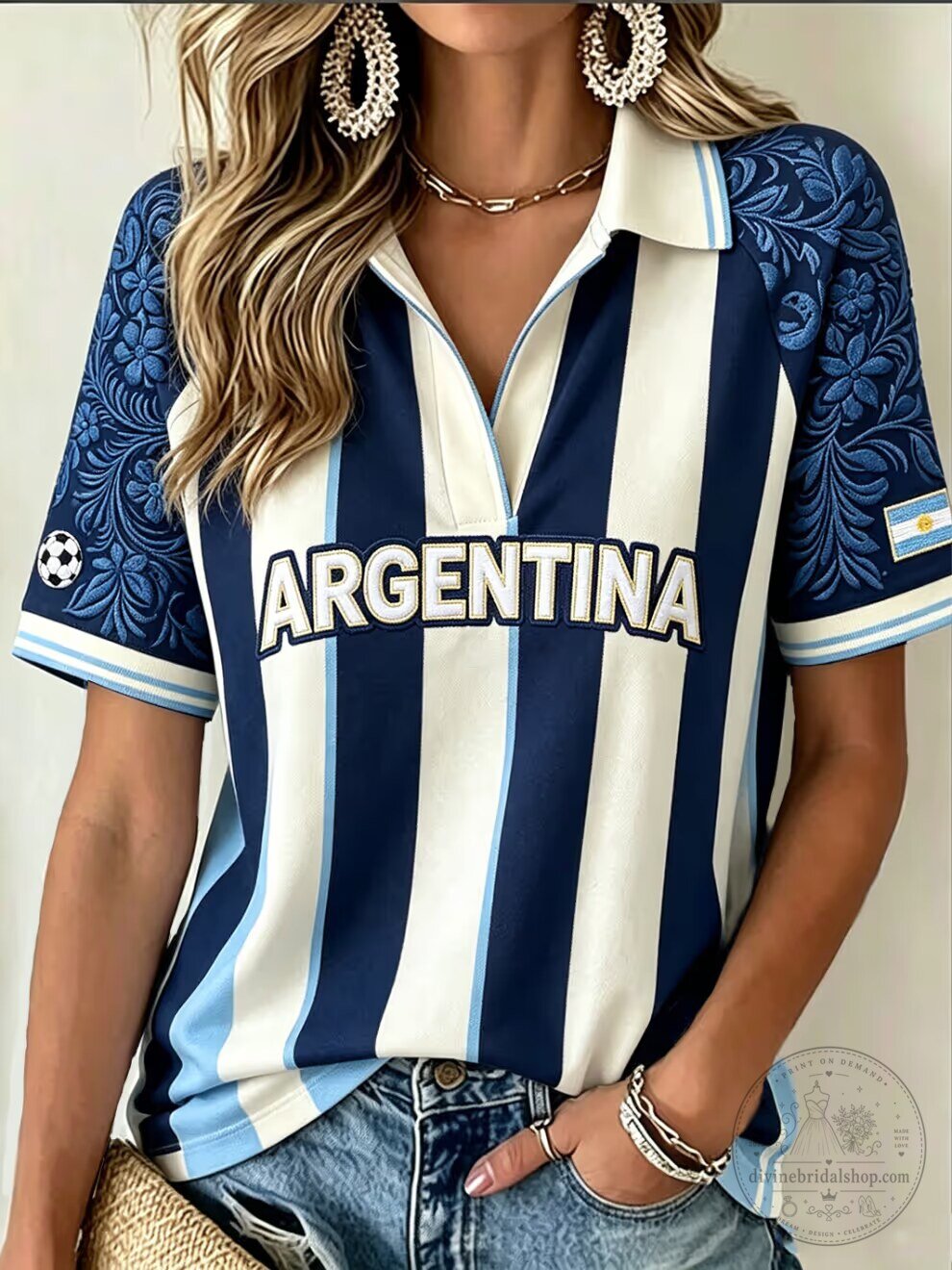 Argentina National Team Striped Football Jersey for Women