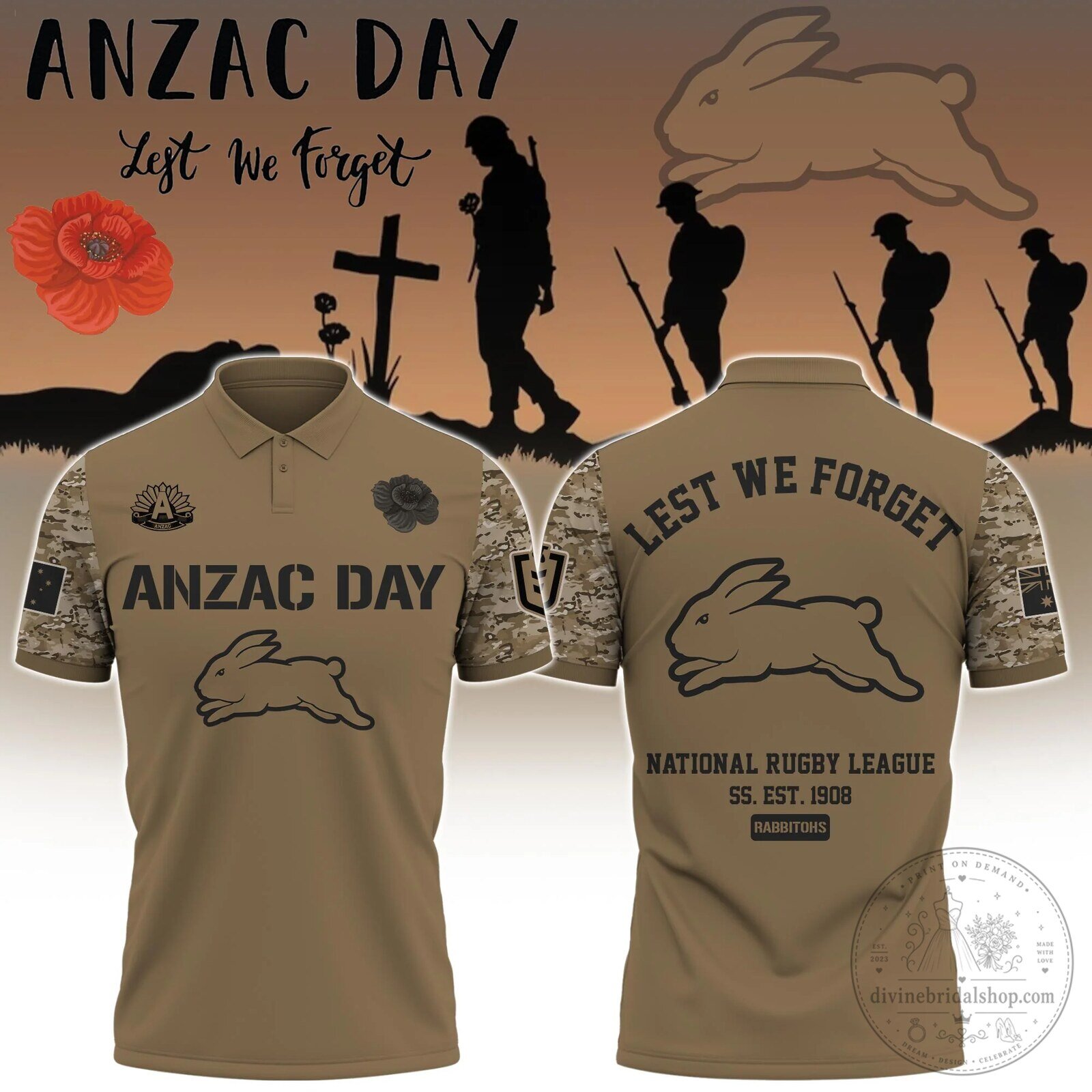 South Sydney Rabbitohs National Rugby League Anzac Day Lest We Forget Polo Shirt