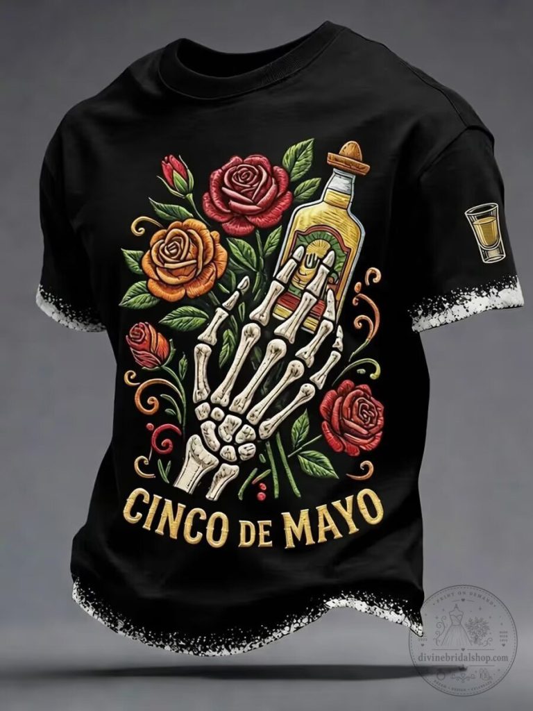 Cinco de Mayo Skeleton Hand with Tequila Bottle and Roses Graphic T-Shirt