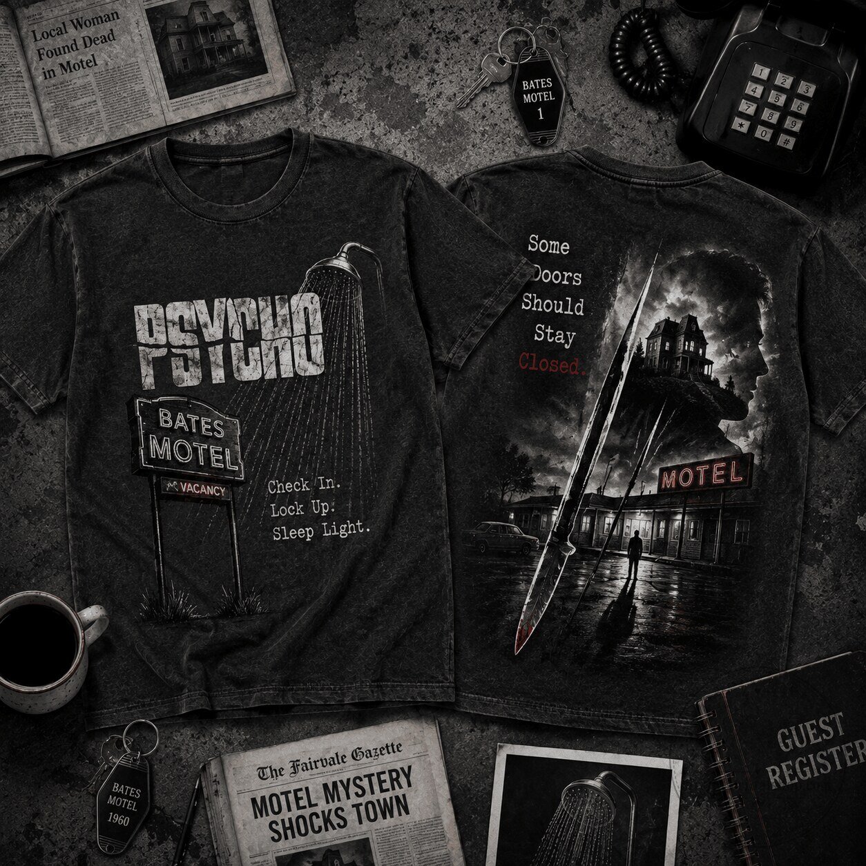 Psycho Bates Motel Horror Movie Graphic Black T-Shirt for Thriller Fans