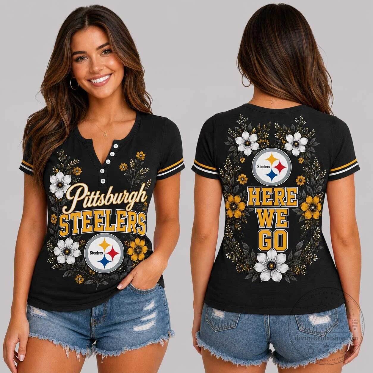 Pittsburgh Steelers NFL Team Shirt Women's Floral Button V-Neck Short Sleeve