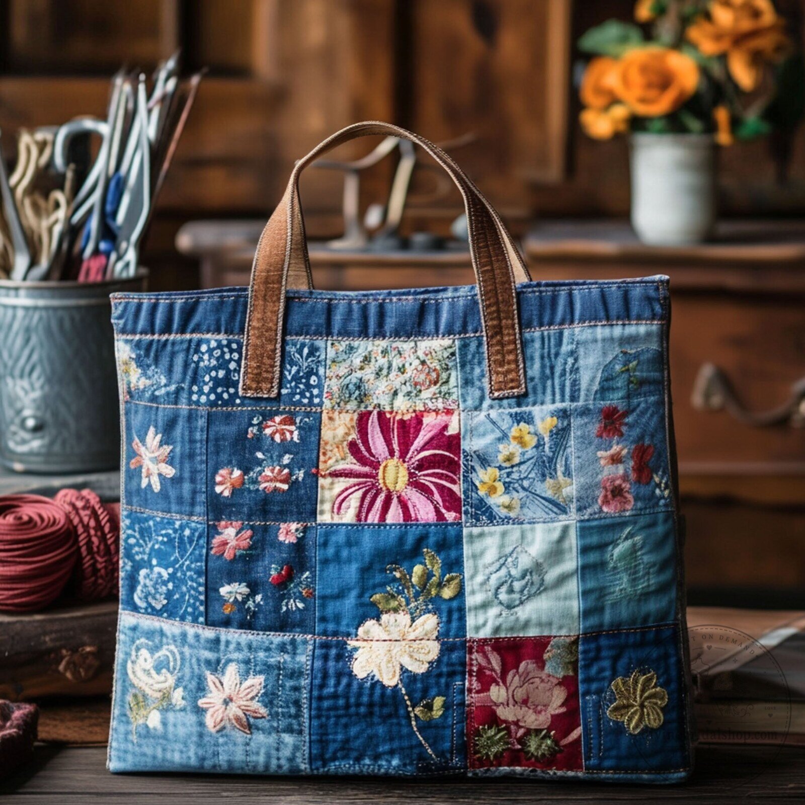 Rustic Floral Patchwork Quilted Denim Tote Bag with Embroidered Flowers