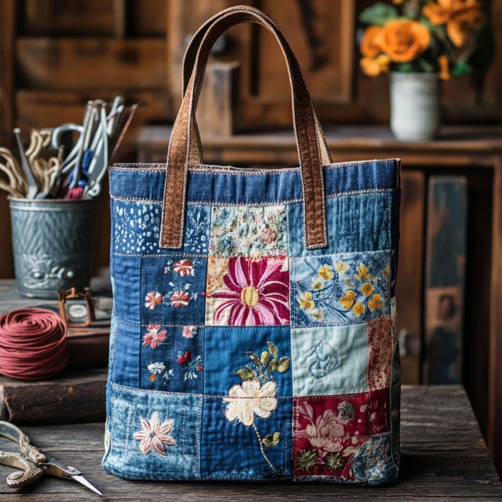 Rustic Floral Patchwork Quilted Denim Tote Bag with Embroidered Flowers 6 Rustic Floral Patchwork Quilted Denim Tote Bag with Embroidered Flowers