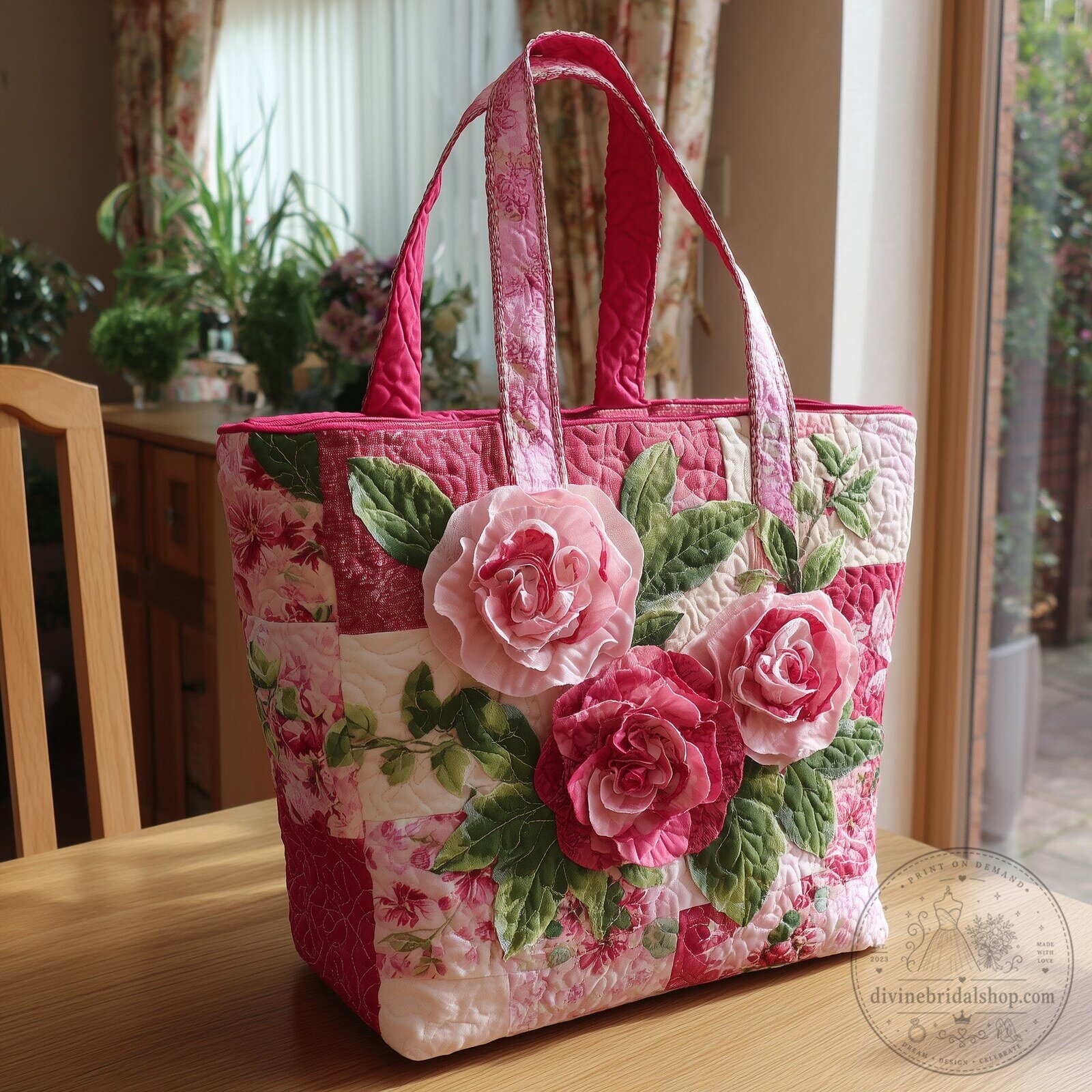 Pink Floral Quilted Tote Bag with Three Dimensional Rose Appliques