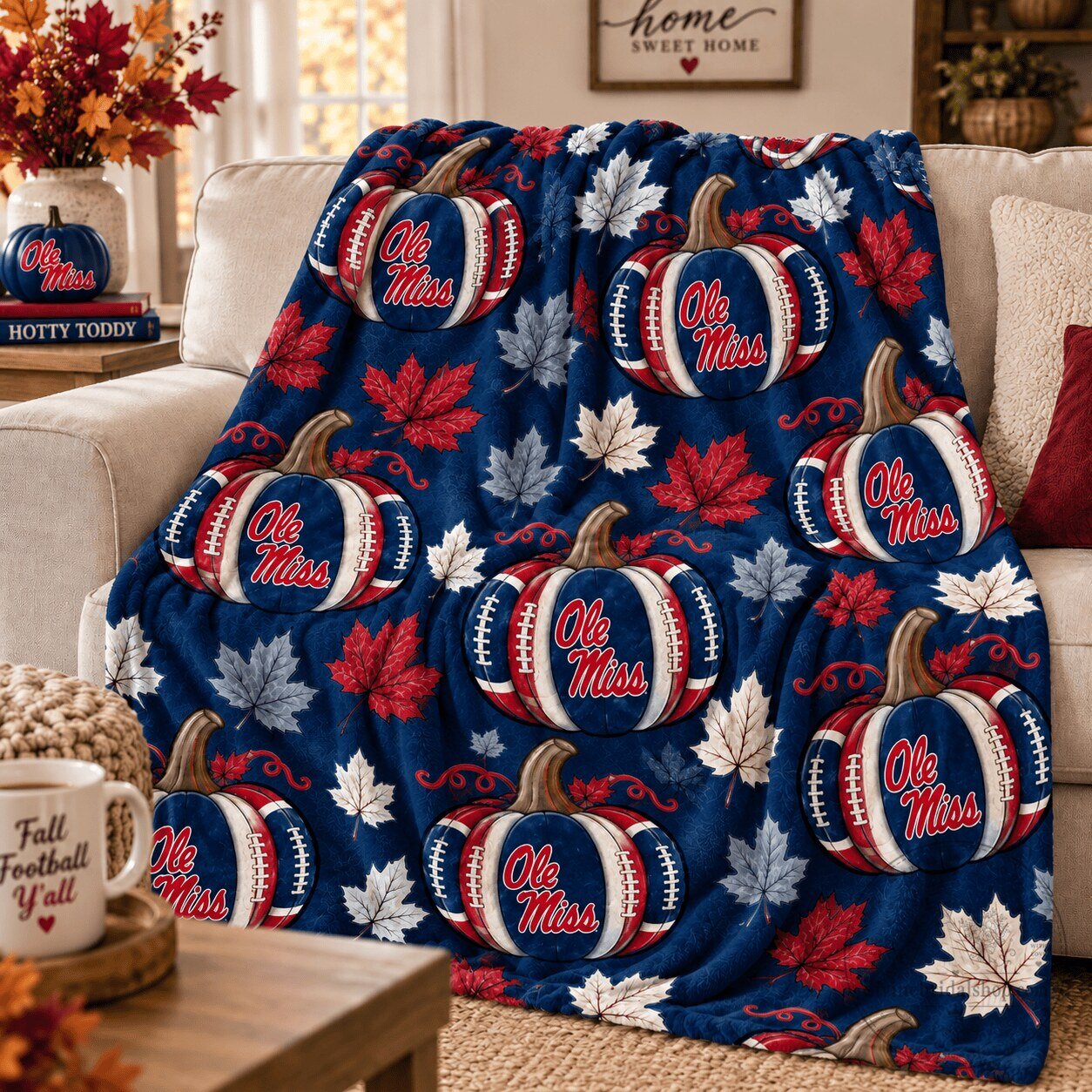Ole Miss Rebels Football Pumpkins and Leaves Autumn Fleece Blanket
