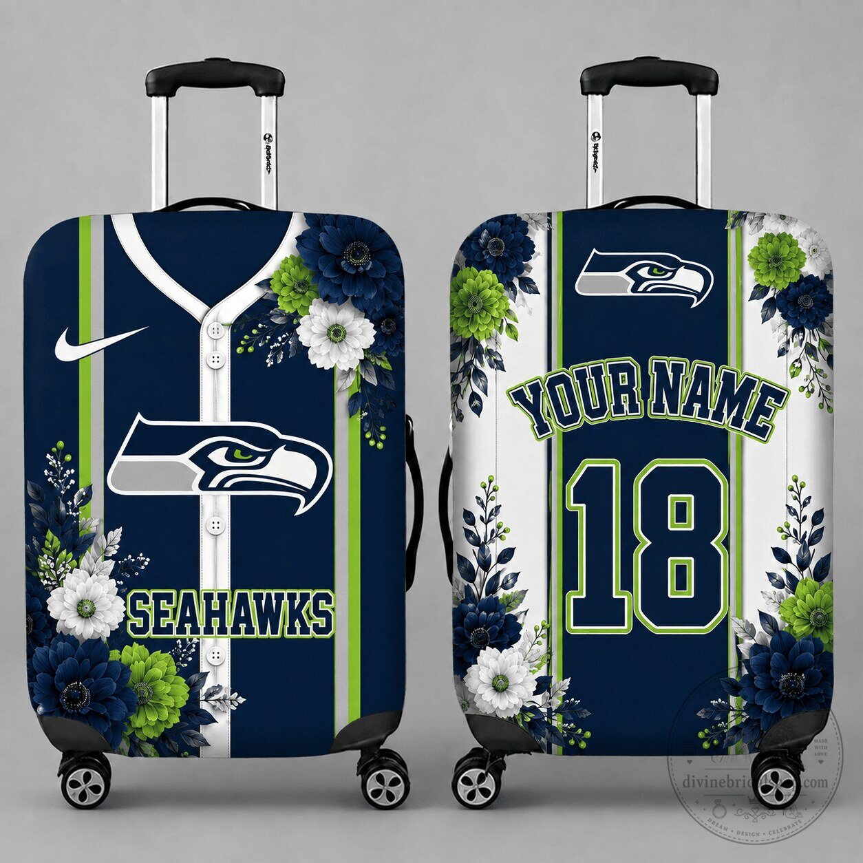 Seattle Seahawks Personalized Floral Design Luggage Cover