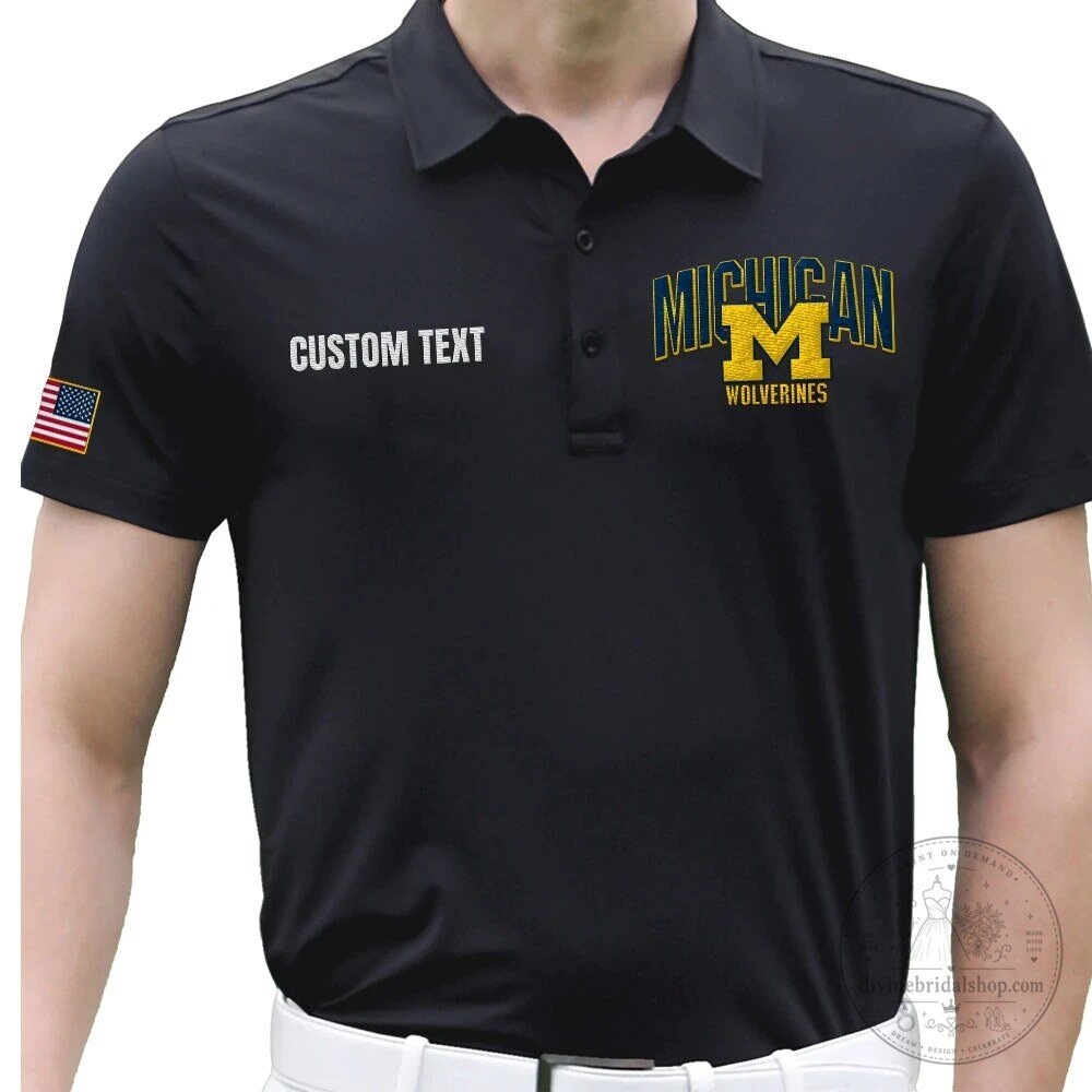 Michigan Wolverines Polo Shirt Custom Text Embroidered Black College Apparel