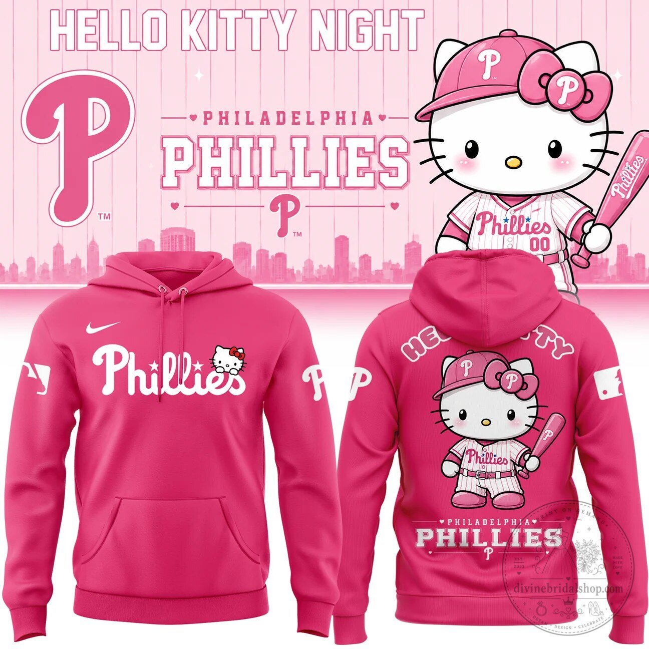 Hello Kitty Pink Baseball Hoodie for Philadelphia Phillies Night Events