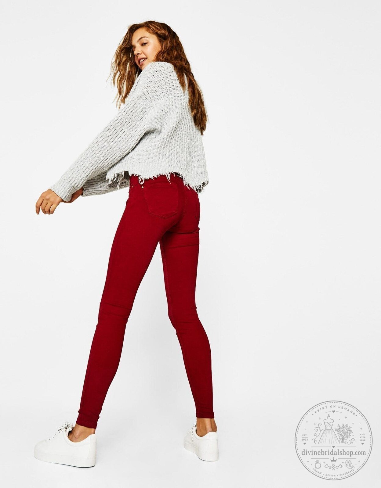 Red High Waisted Skinny Fit Push Up Denim Jeans for Women
