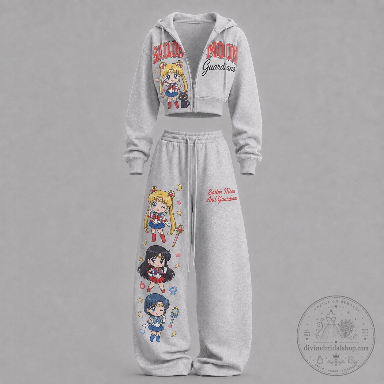 Sailor Moon Guardians Anime Character Cropped Zip Hoodie and Sweatpants Set