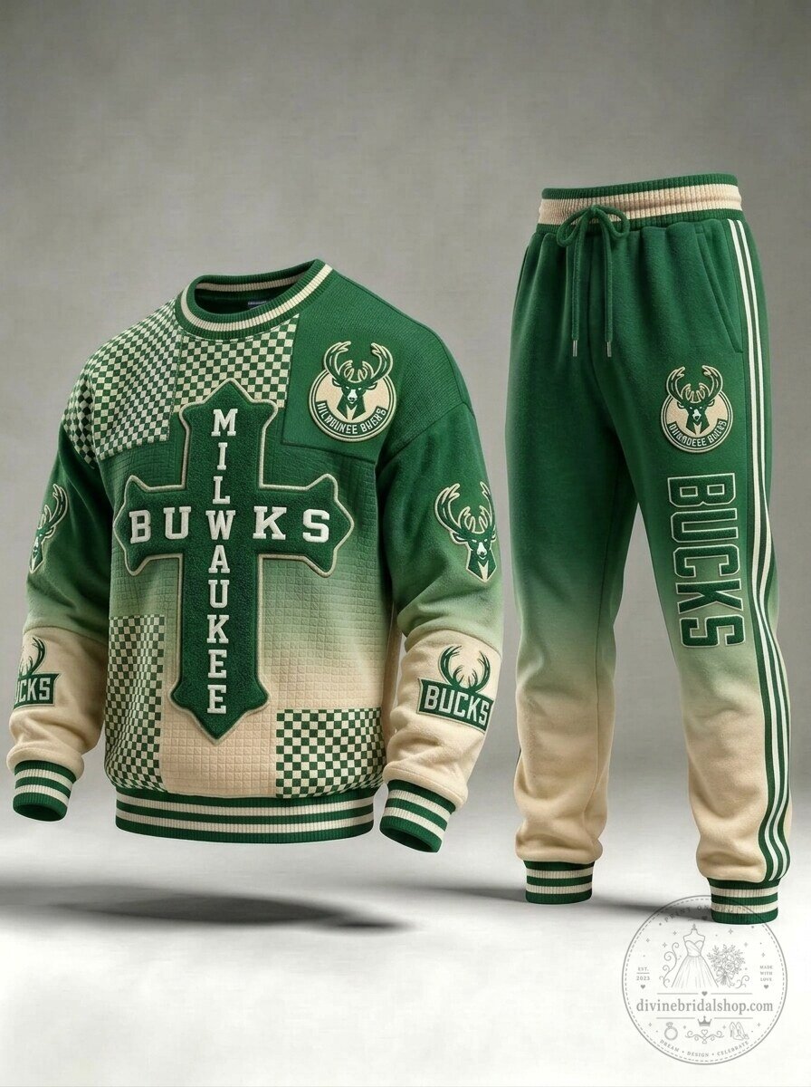 Milwaukee Bucks Green and Cream Checkered Crewneck Sweatshirt and Jogger Pants Set