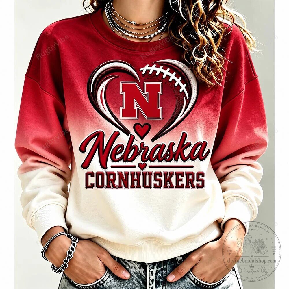 Nebraska Cornhuskers Football Heart Design Red Ombre Sweatshirt
