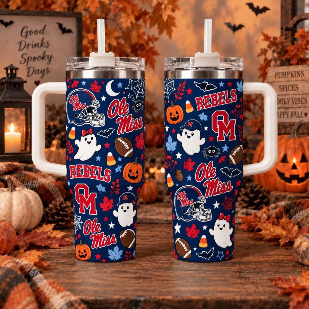 Ole Miss Rebels Halloween Spooky Ghost Football 40oz Tumbler with Handle Ole Miss Rebels Halloween Spooky Ghost Football 40oz Tumbler with Handle
