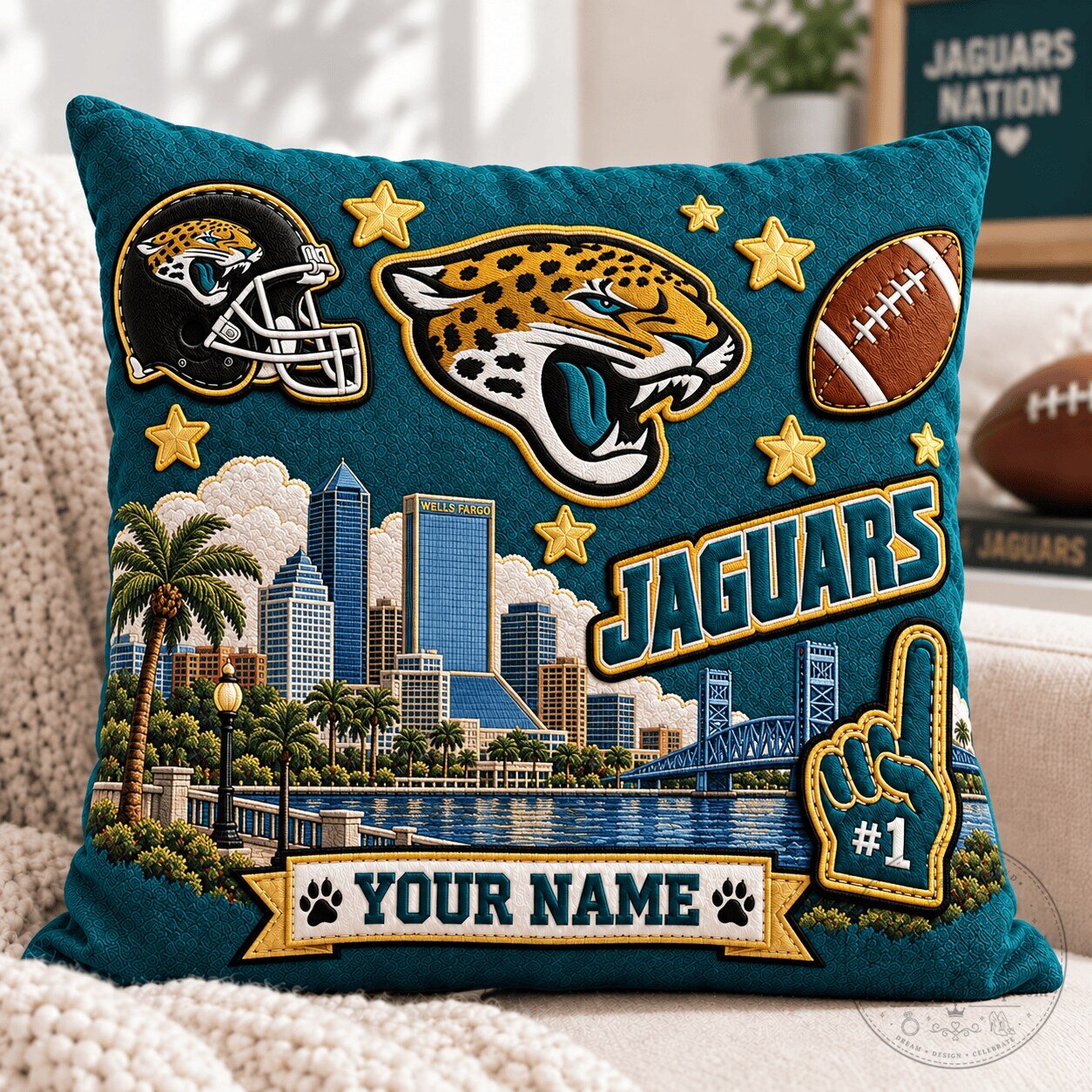 Jacksonville Jaguars NFL Football Team Skyline Personalized Decorative Pillow